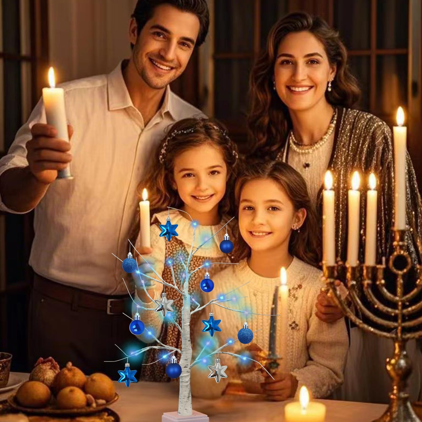 24 Inch Hanukkah LED Menorah Tree Lights, 24 Blue Star Lights, USB/Battery Op…