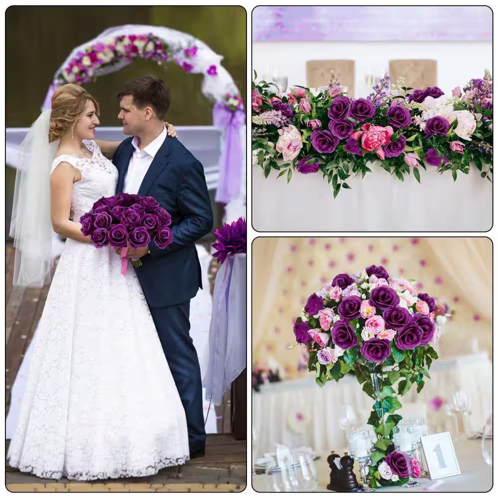 17.7 In. 20-Piece Purple Indoor Artificial Roses Silk Flowers for Valentines Wed