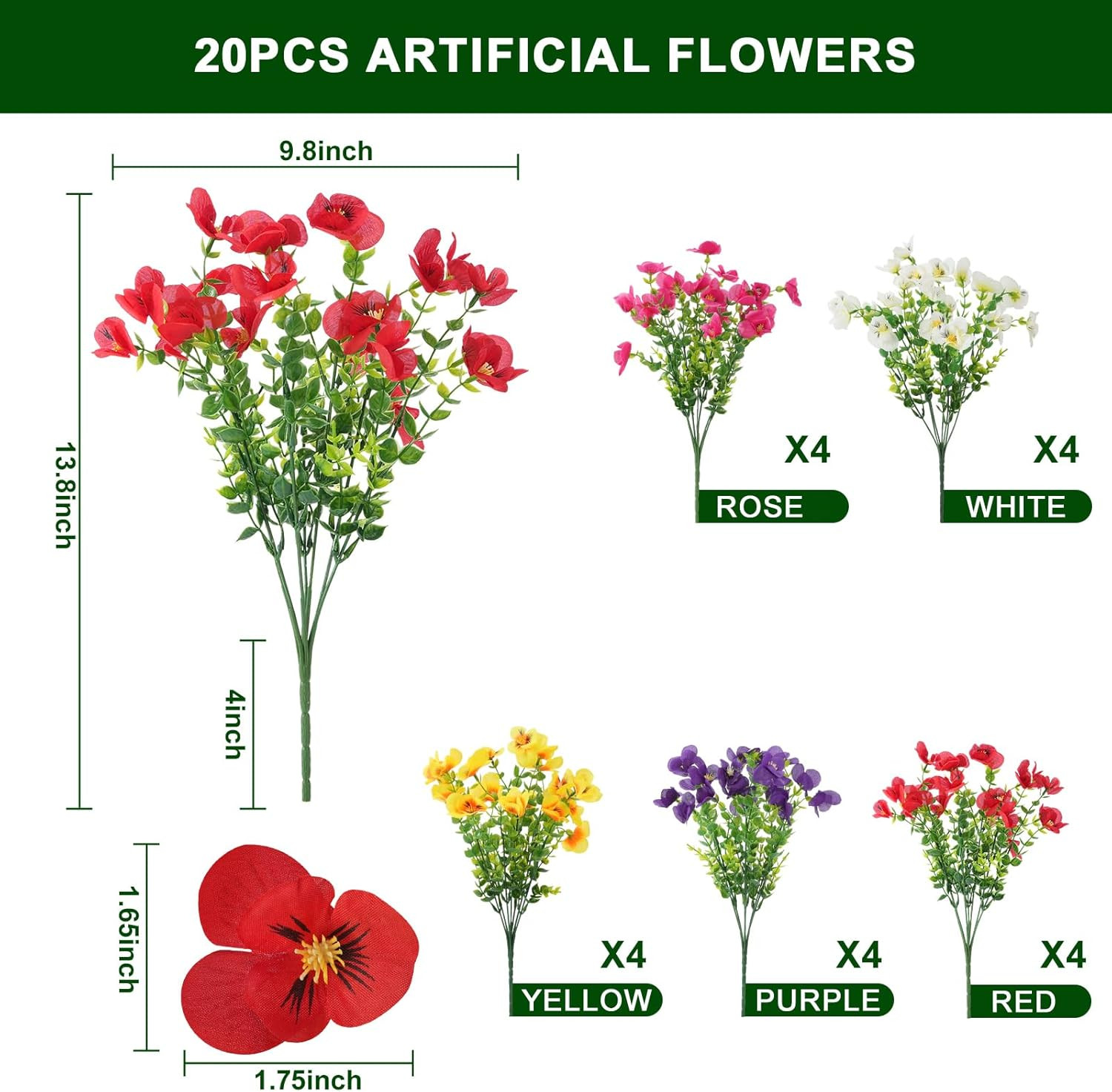 20 Pcs Artificial Flowers UV Resistant Realistic Pansies Fake Indoor & Outdoor