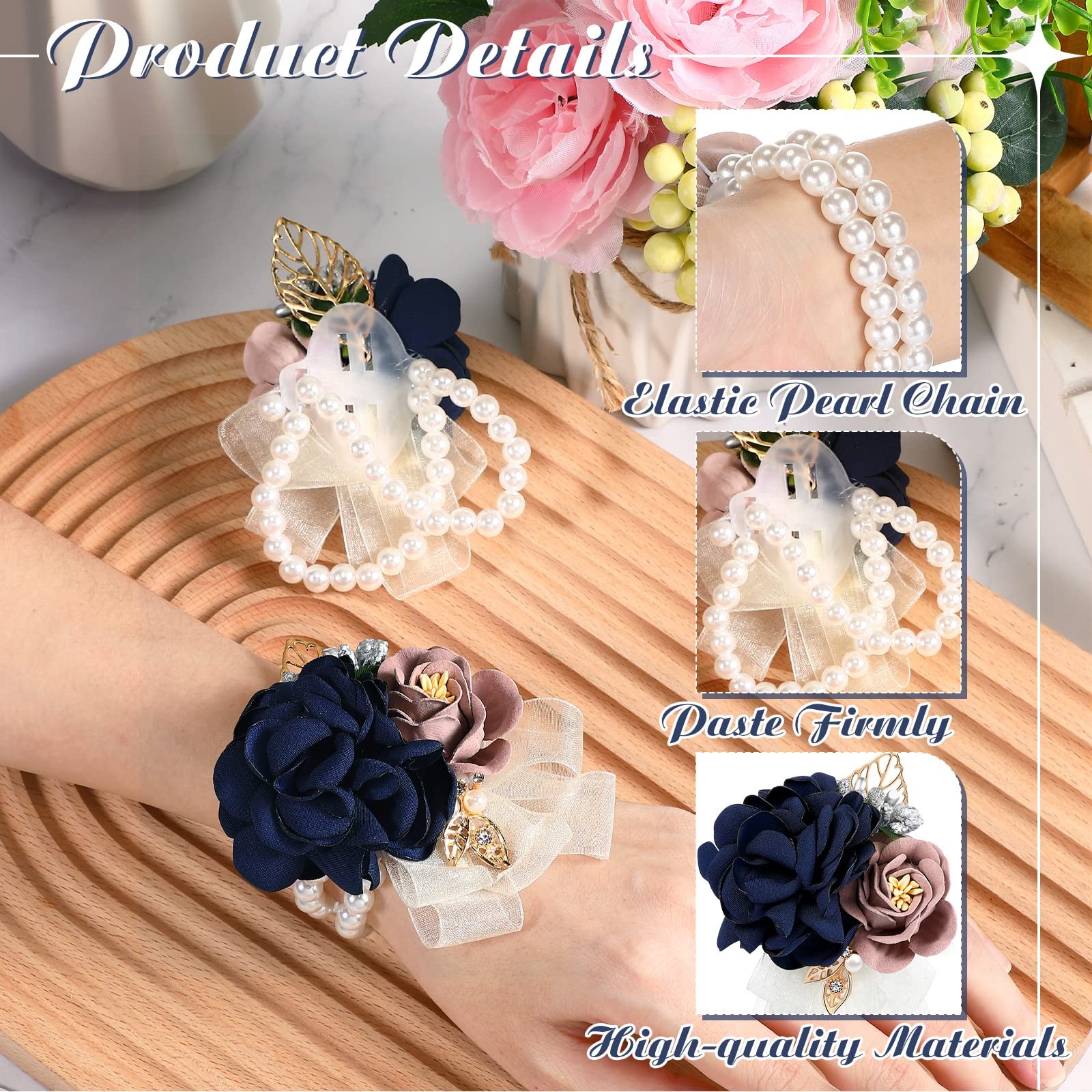 6 PCS Navy Blue Rose Wrist Corsage, Pearl Bead Wristband for Wedding, Prom