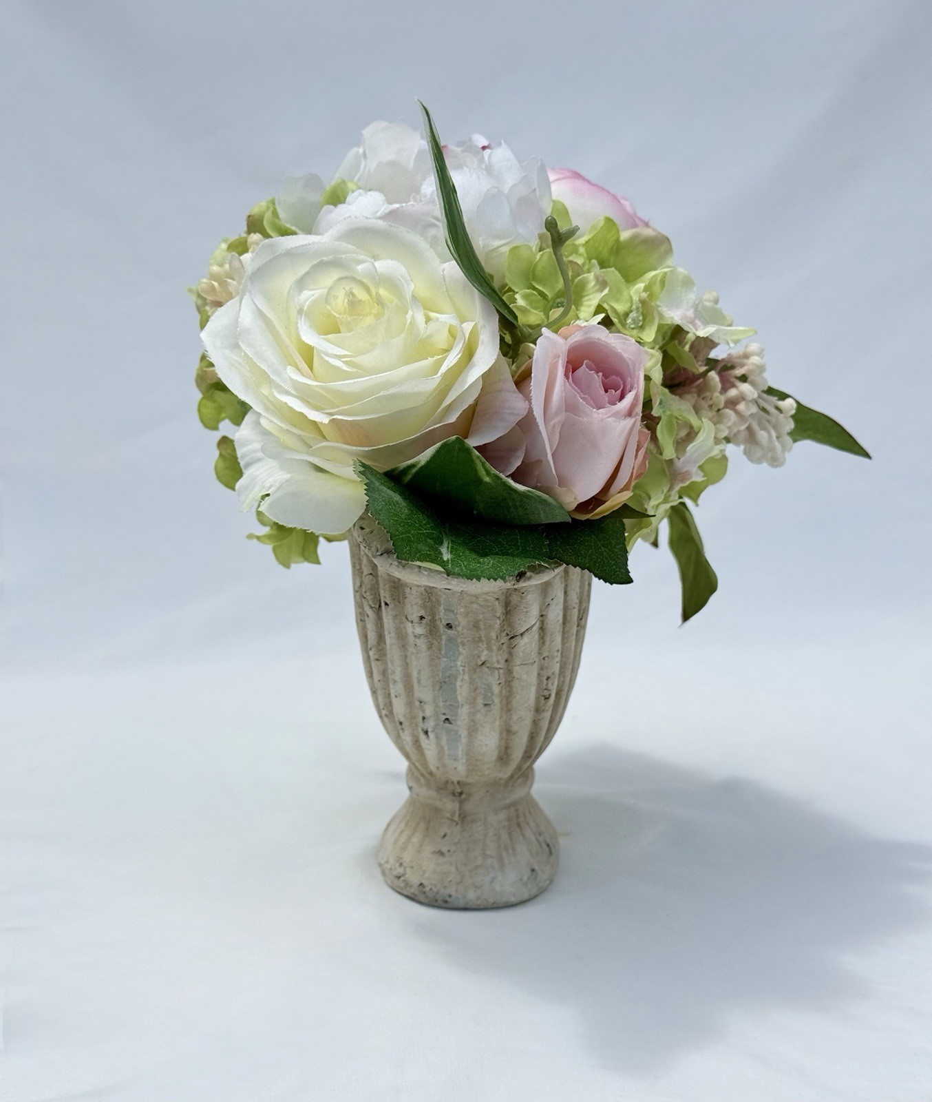 Faux Flower Arrangement in Fluted Urn Vase Cottage Decor