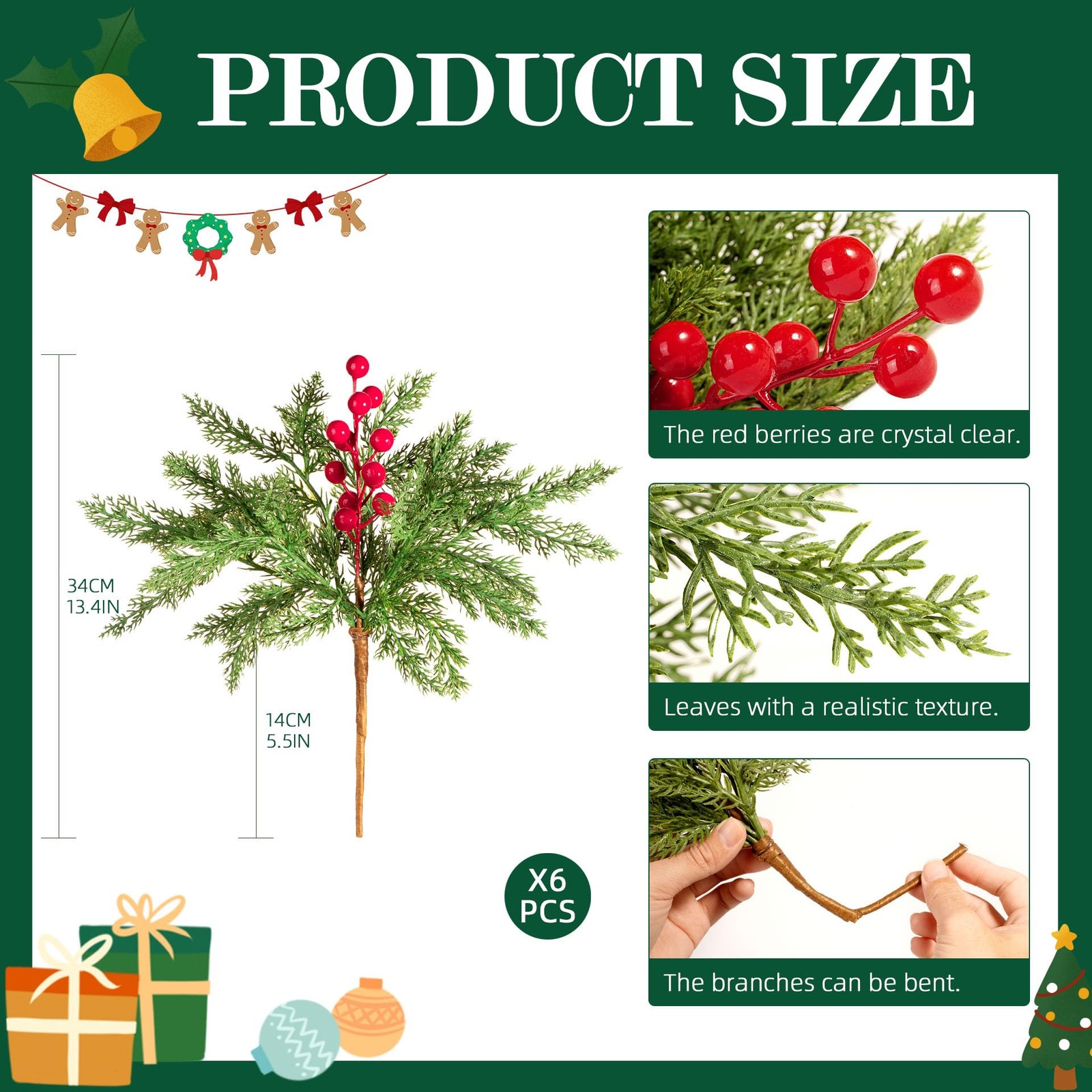 Artificial Christmas Norfolk Pine Stems with red Fruit 6PCS Fake Branches for…