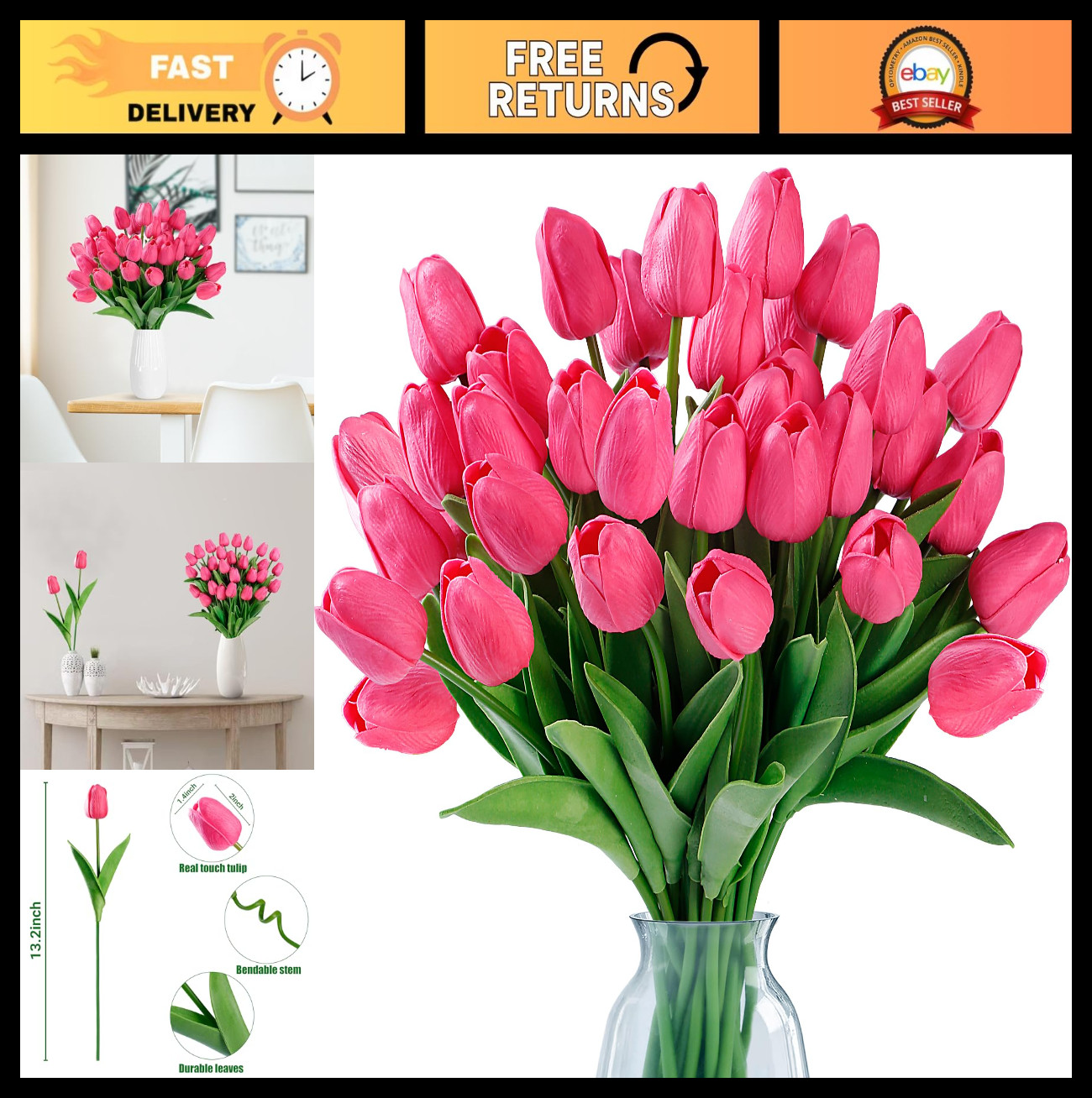 15 Pcs Real Touch Fake Tulips – Artificial Flowers for Wedding, Home, Party Deco