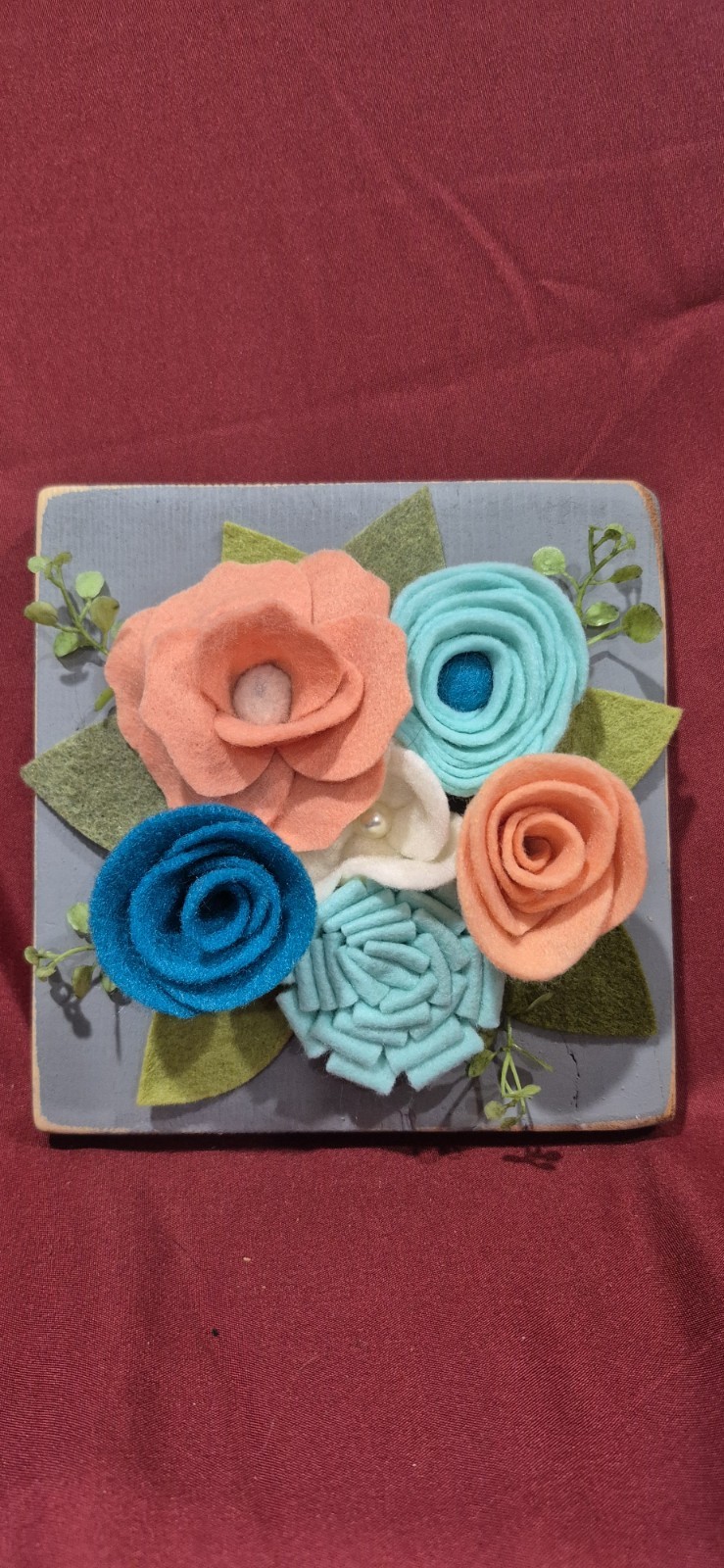 NEW Artisan Made Fiber Art 5.5×5.5 Felt Flower Leaf Peach Mint Boho Cottage Core