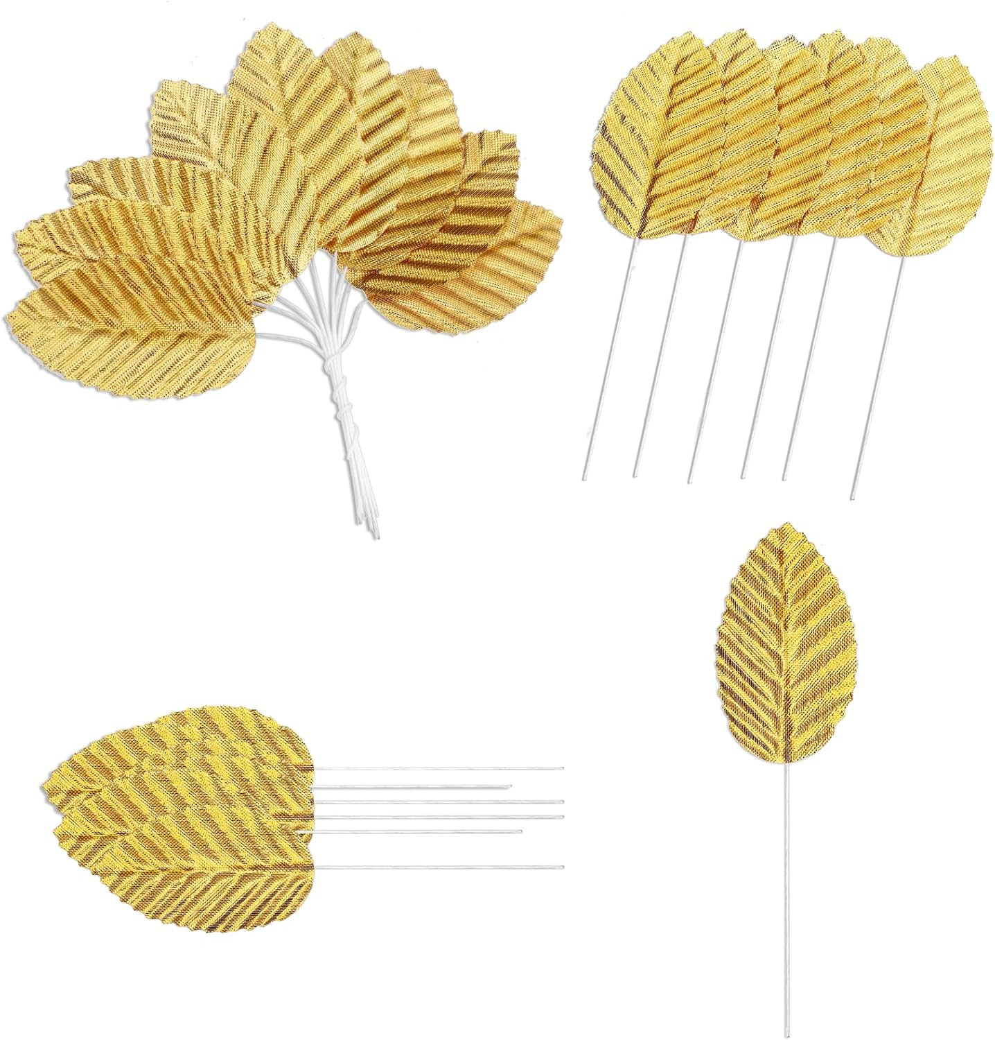 200 Pcs Artificial Leaves with Stems DIY Corsage Single Leaf Crafts Gold Floral