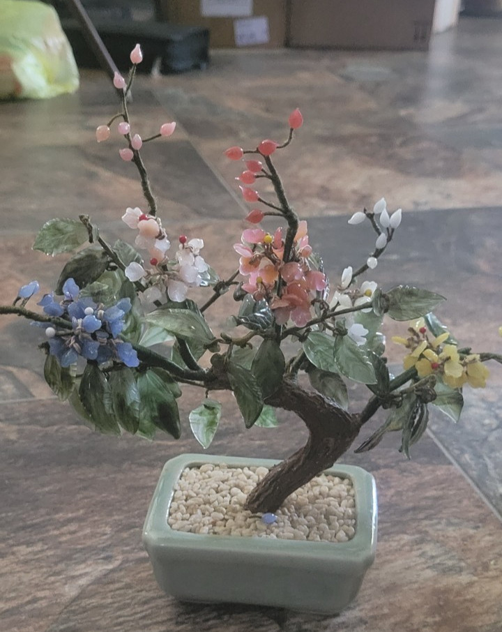 Vintage Chinese Glass Jade Bonsai Tree Celadon Pot Multi Color Flower Marked 9″
