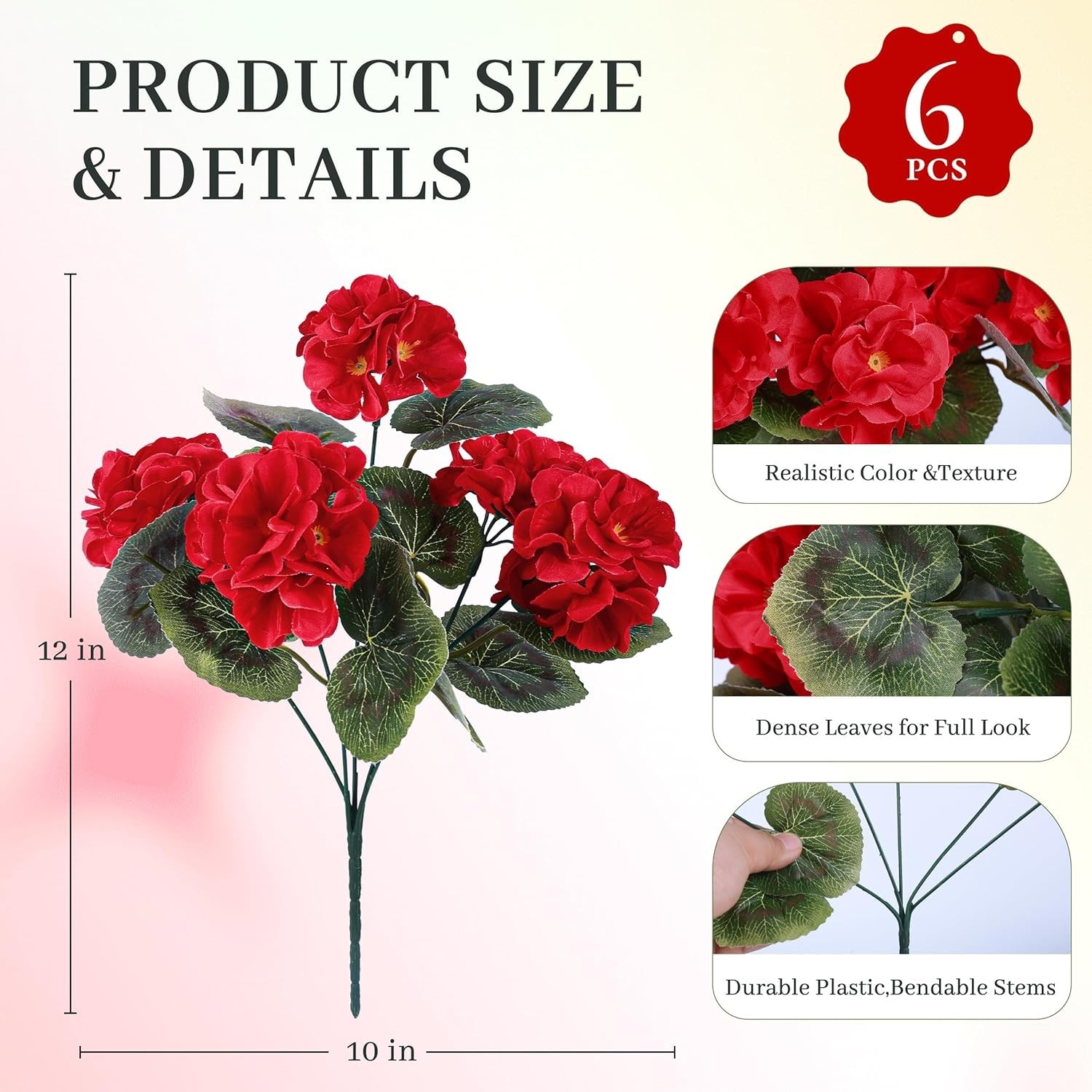 Der Rose 6 Pack Red Artificial Geraniums Flowers UV Resistant Outdoor