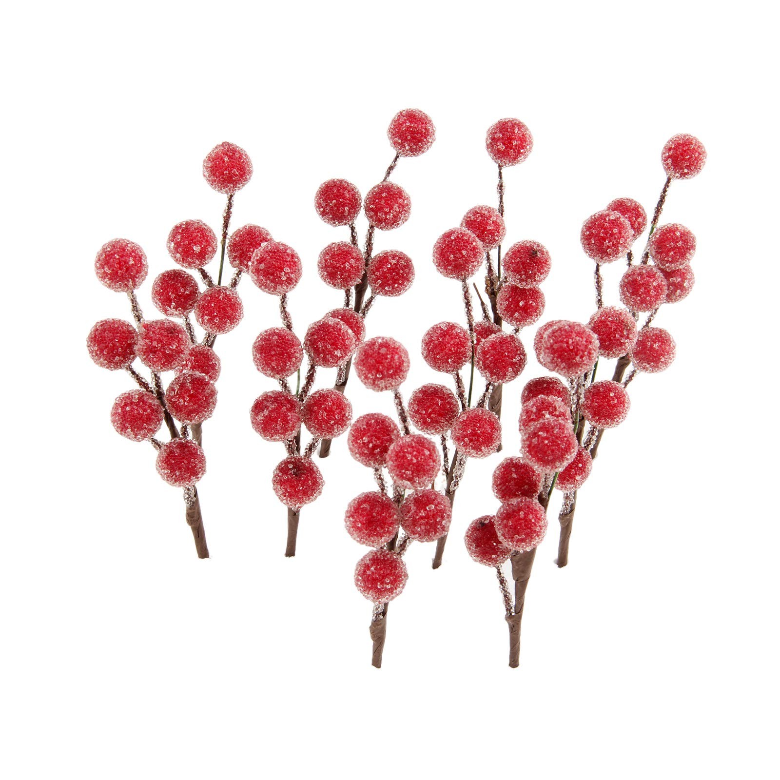 10 PCS Red Christmas Artificial Frosted Holly Berries Branch Floral Decor