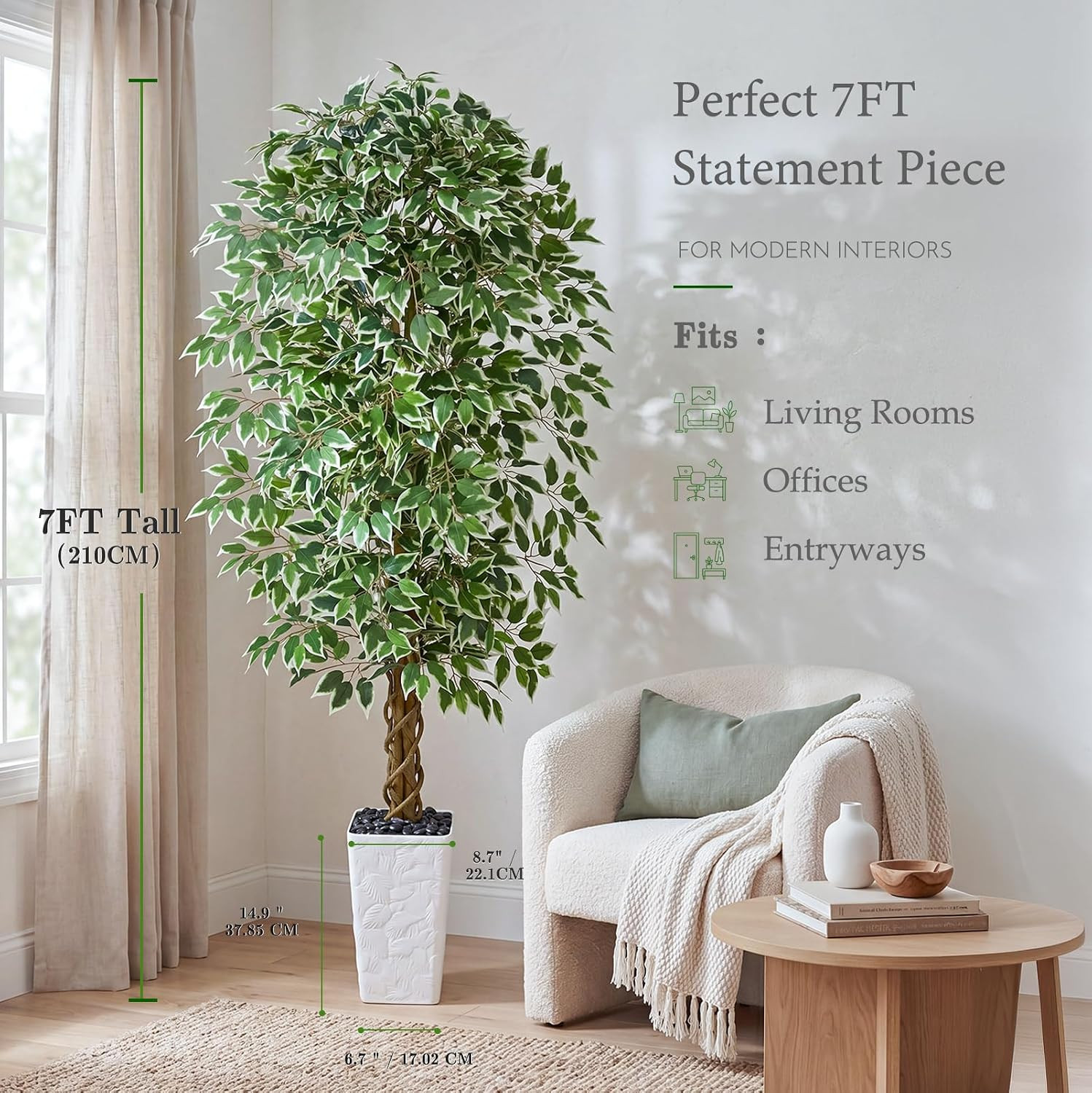 Artificial Ficus Tree, 7FT Faux Plants Indoor White Planter | Lifelike Green Lea