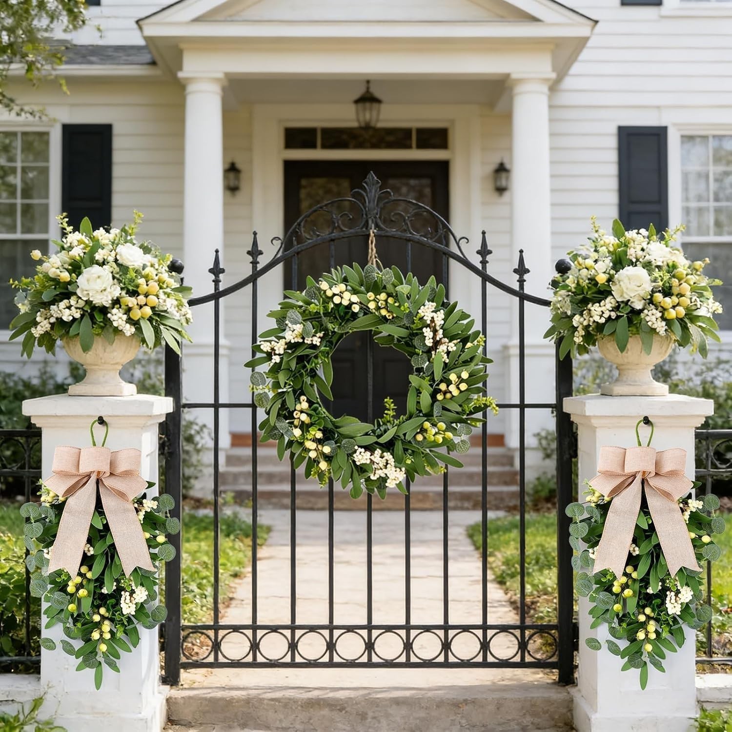 3 PCS Artificial Green Eucalyptus Wreaths for Front Door Spring Summer Greene…