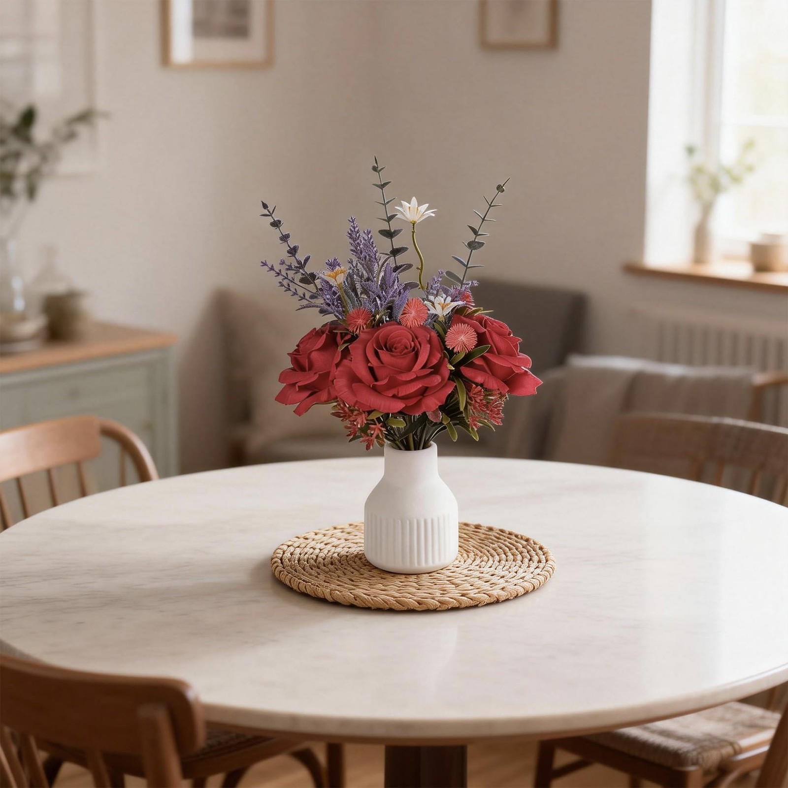 Artificial Rose Flower Arrangement in White Ceramic Vase, Silk Roses with Euc…