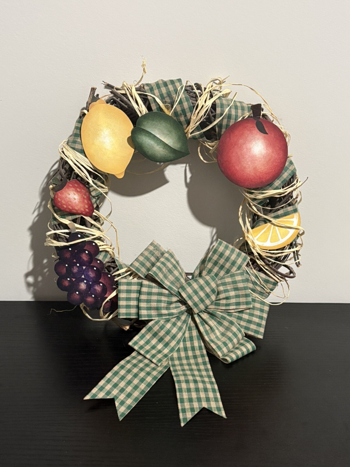 Vintage 10″ Hanging Ribbon Wrapped Twig Wood Wreath w/ Bow & Fruit Design