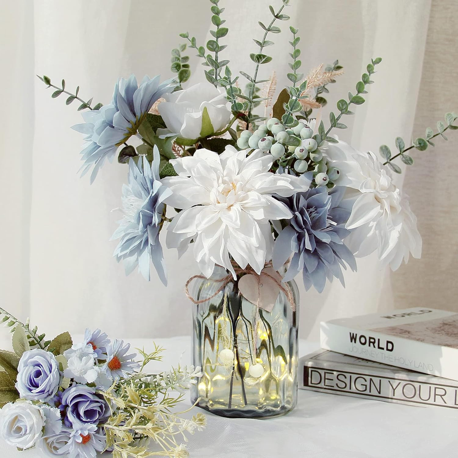 Fake Flowers with Vase, Silk Dusty Blue Rose Hydrangea Artificial Flowers in Vas
