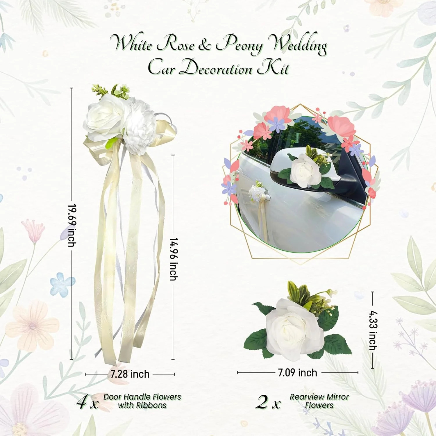 6 PCS White Rose & Peony Wedding Car Decoration Kit – Floral Bouquet Car Door Ha