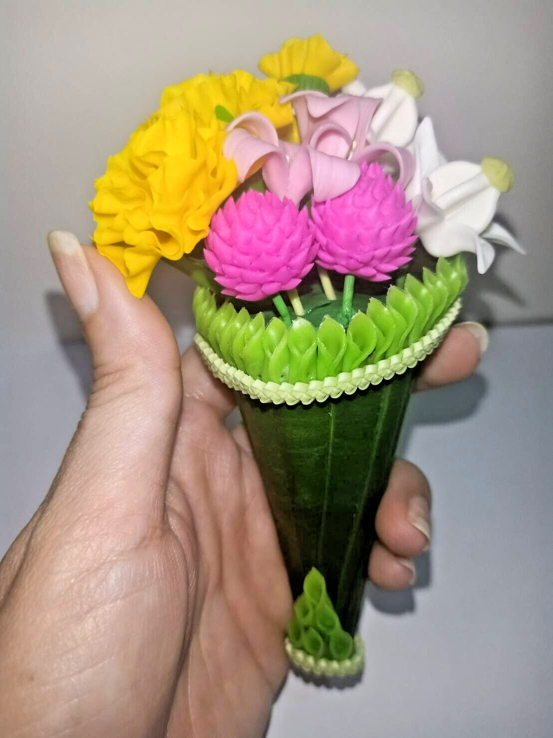Handmade Artificial Banana Leaf Clay Floral Dollhouse Bouquet Flower Arrangement