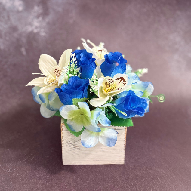 Blue White Rose Floral Centerpiece Wooden Box Faux Flower Arrangement Home Decor