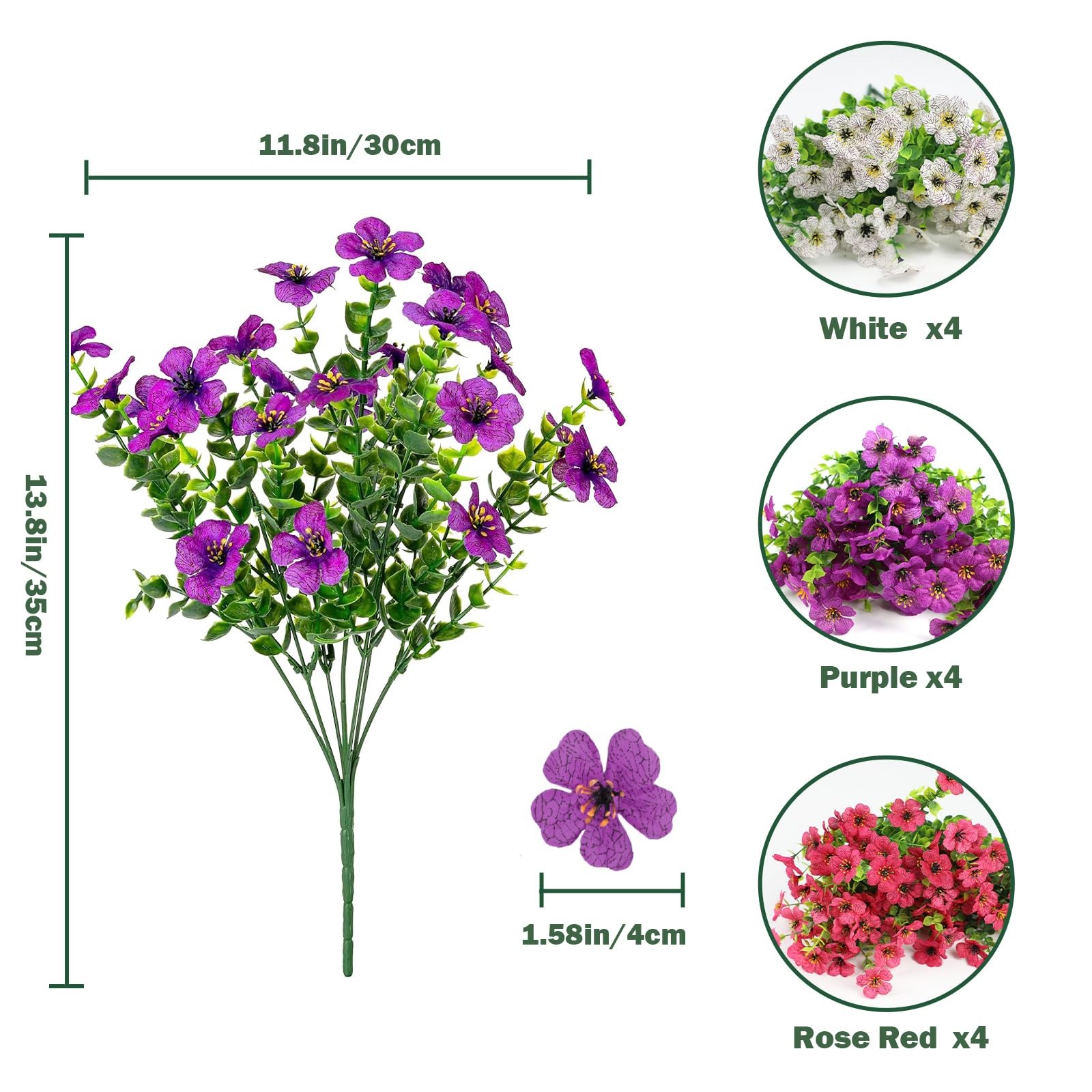 UV-Resistant Artificial Flowers for Outdoors, 12 Bundles of 3 Colors Faux Euc…