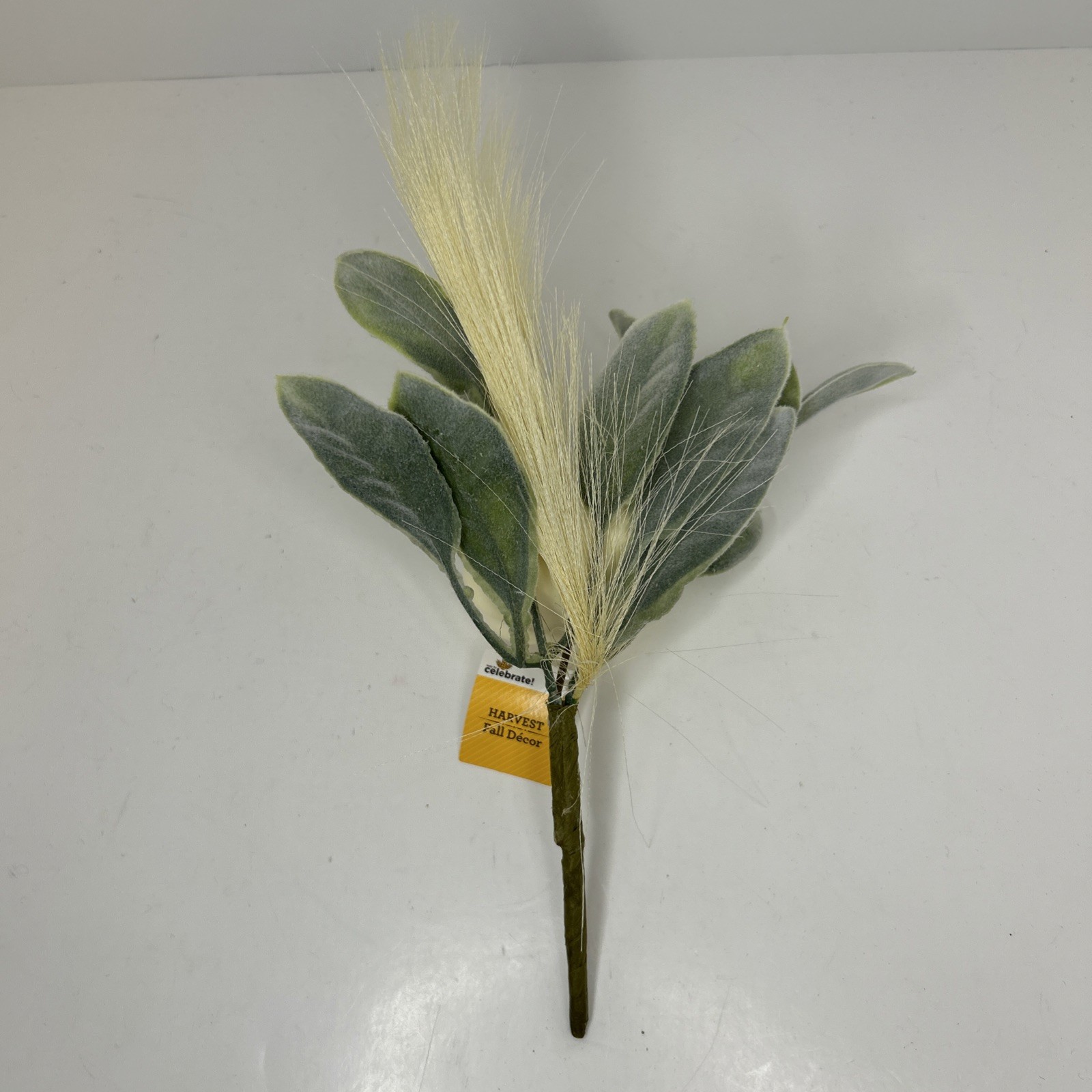10 Artificial Fall Pumpkin Floral Pick W/Faux Lambs Ear & Feather Grass