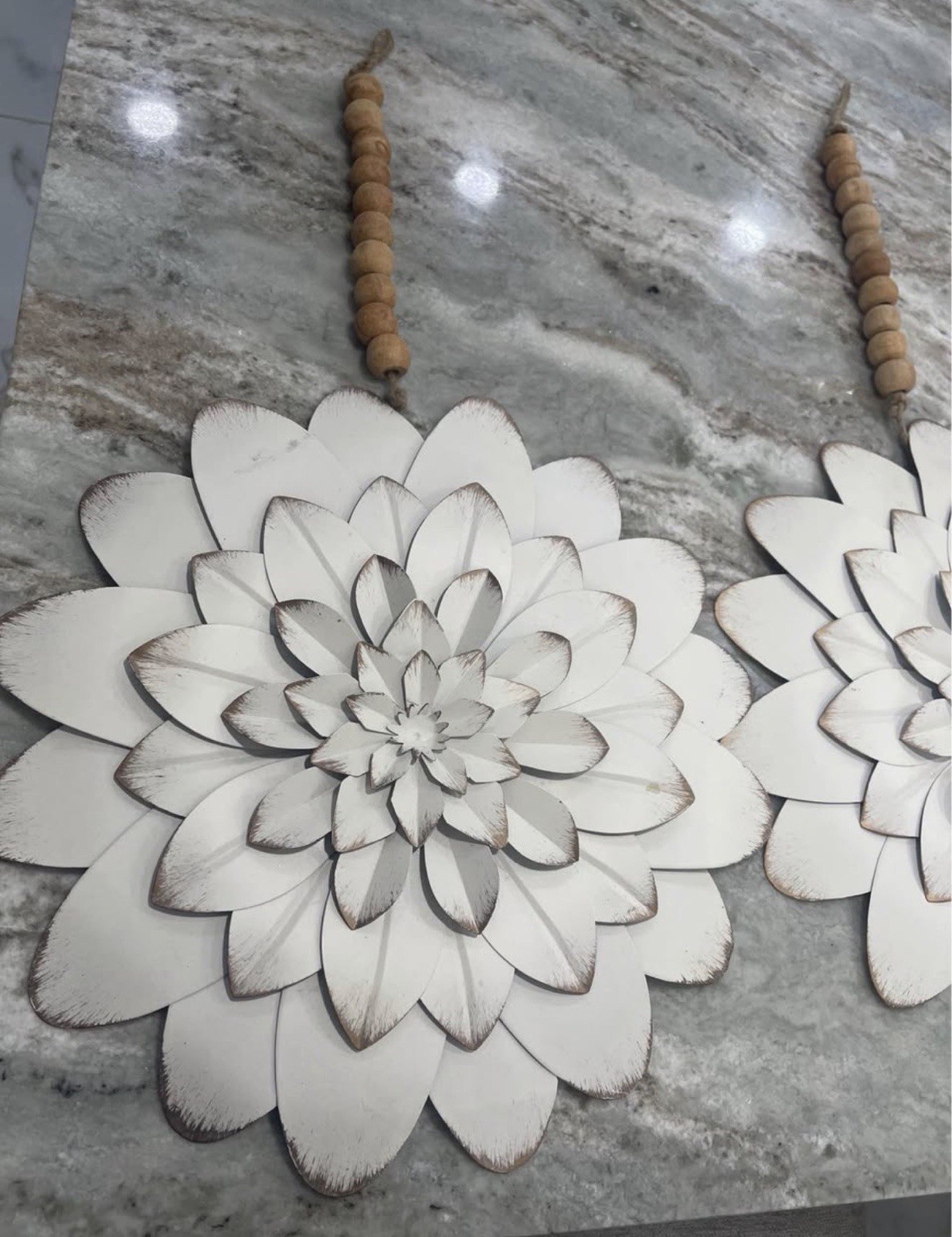 White Wooden Dahlia Floral Wall Decor Hanging Decoration, Wood Bead Tassel 27×16