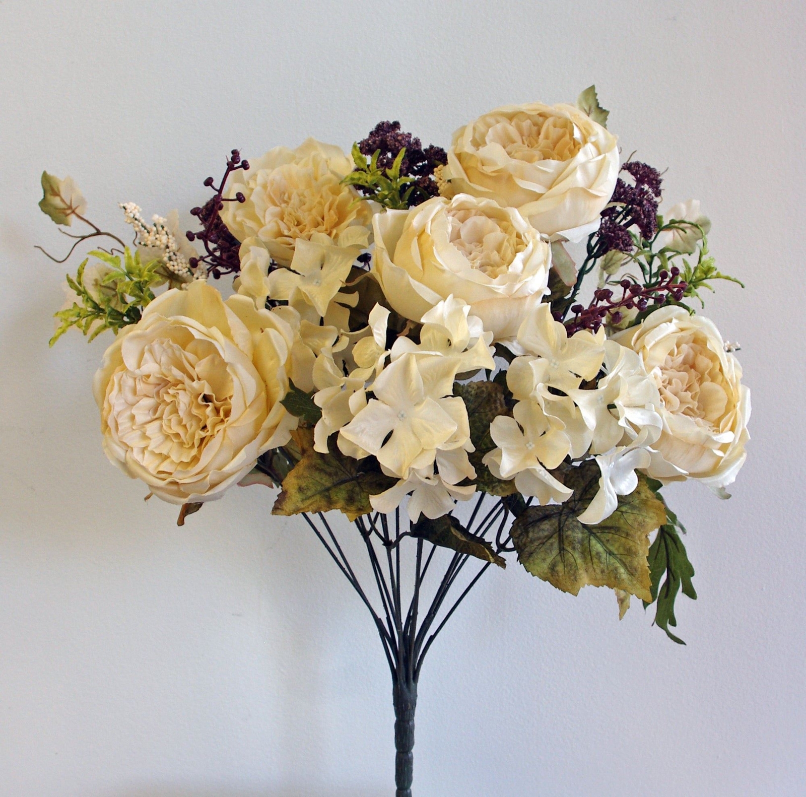 Cabbage Rose and Hydrangea Berry Bush, 20″H, Cream (Bush Only, Vase not included