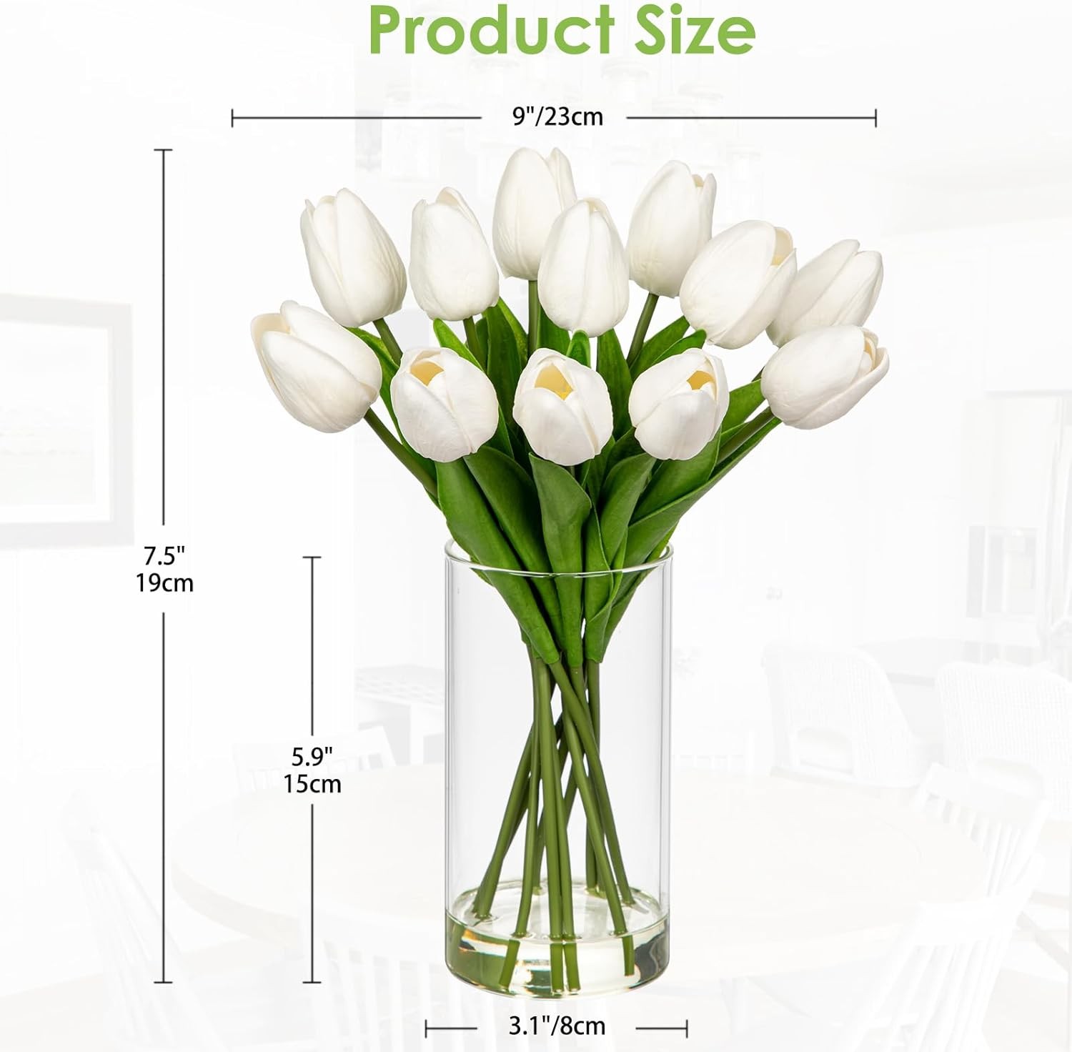 12 Pcs Artificial Real Touch Tulips Flowers in Glass Vase with Faux Water, Tulip
