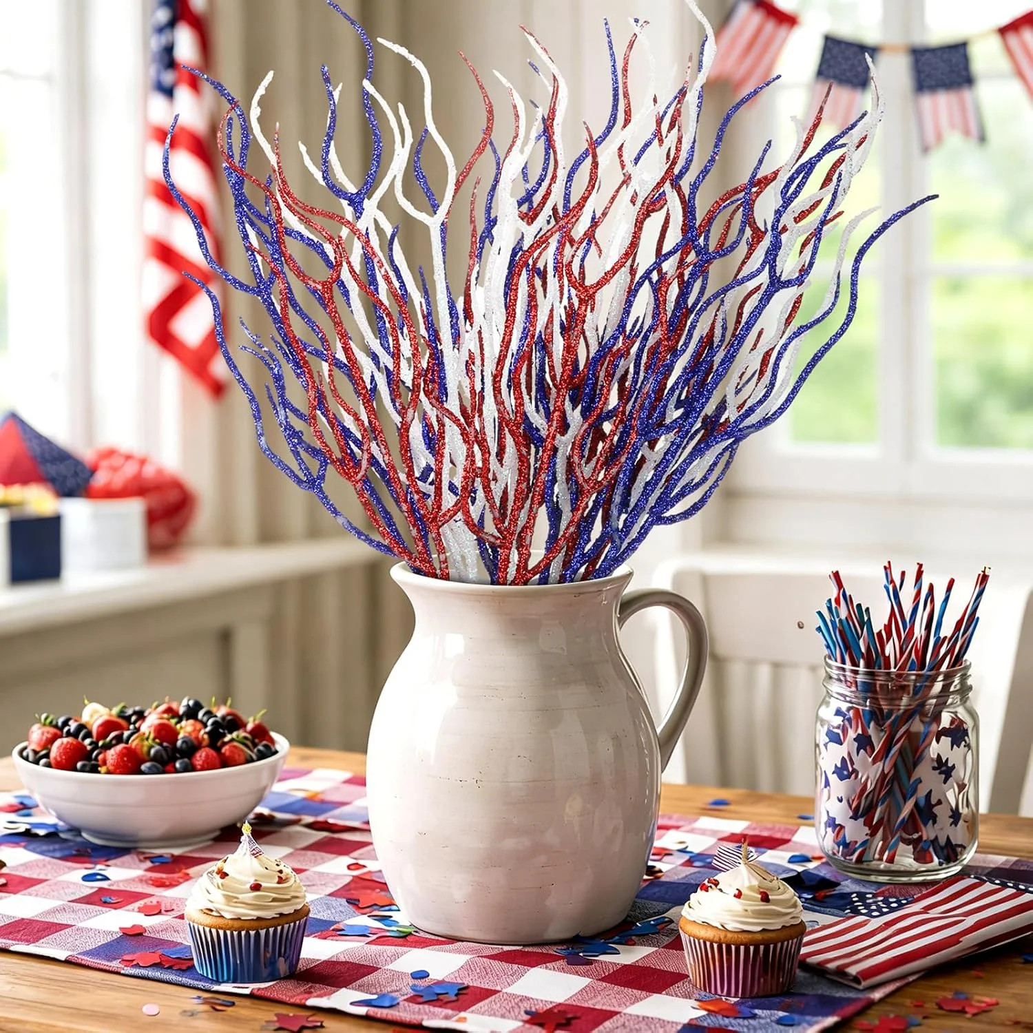 Giegxin 16 Pack Patriotic Picks 17 Inches Red White and Blue Artificial Flowers