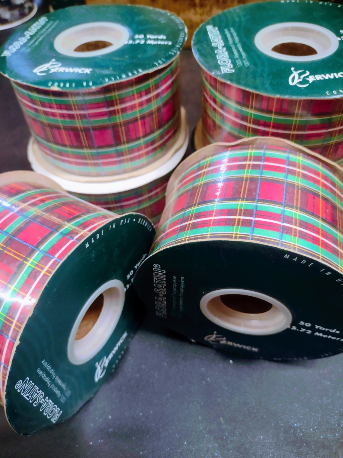 #40 Berwick Flora-Satin Waterproof Ribbon, 50 Yards Tartan Plaid Red, 2-3/8″