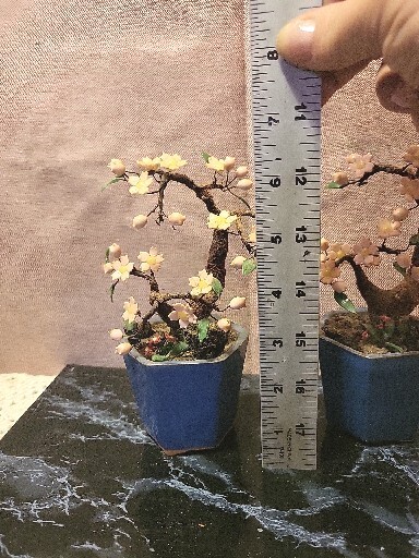 Glass Tree Pair VTG Jade Cherry Blossom Flower Bonsai Celadon Pot Japan Chinese