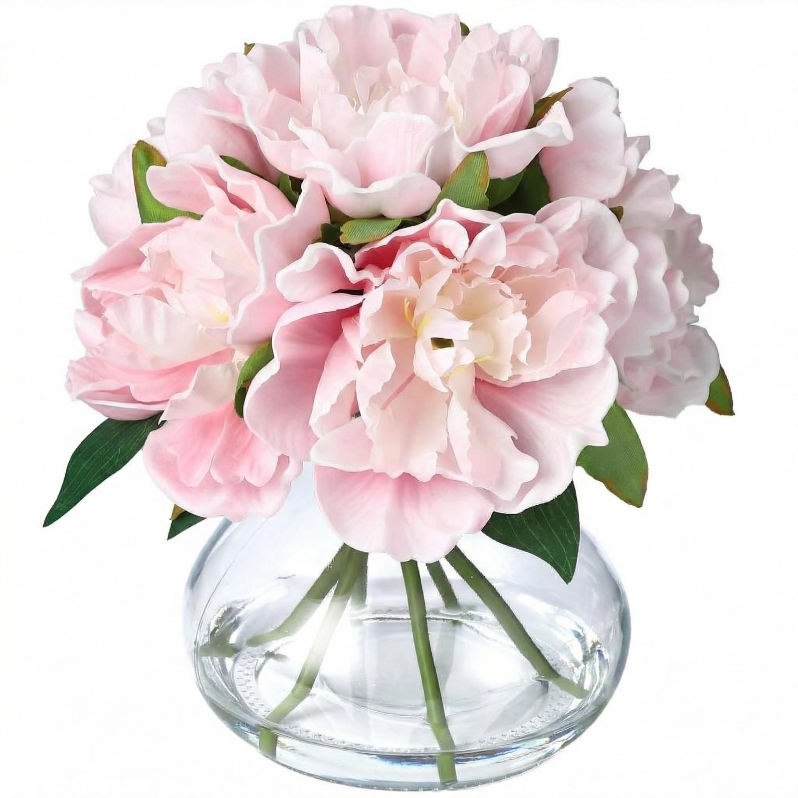 Pink Peonies Artificial Flowers with Glass Vase, Silk Faux Peony Flower Arran…
