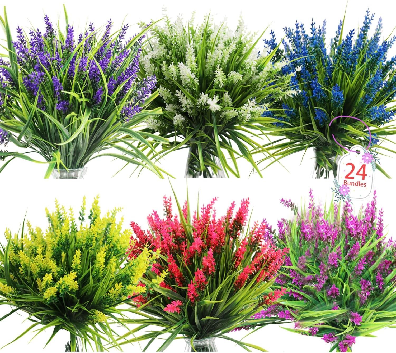 24-Stem Outdoor Artificial Flowers, 6-Color Fake Lavender Monkey Grass