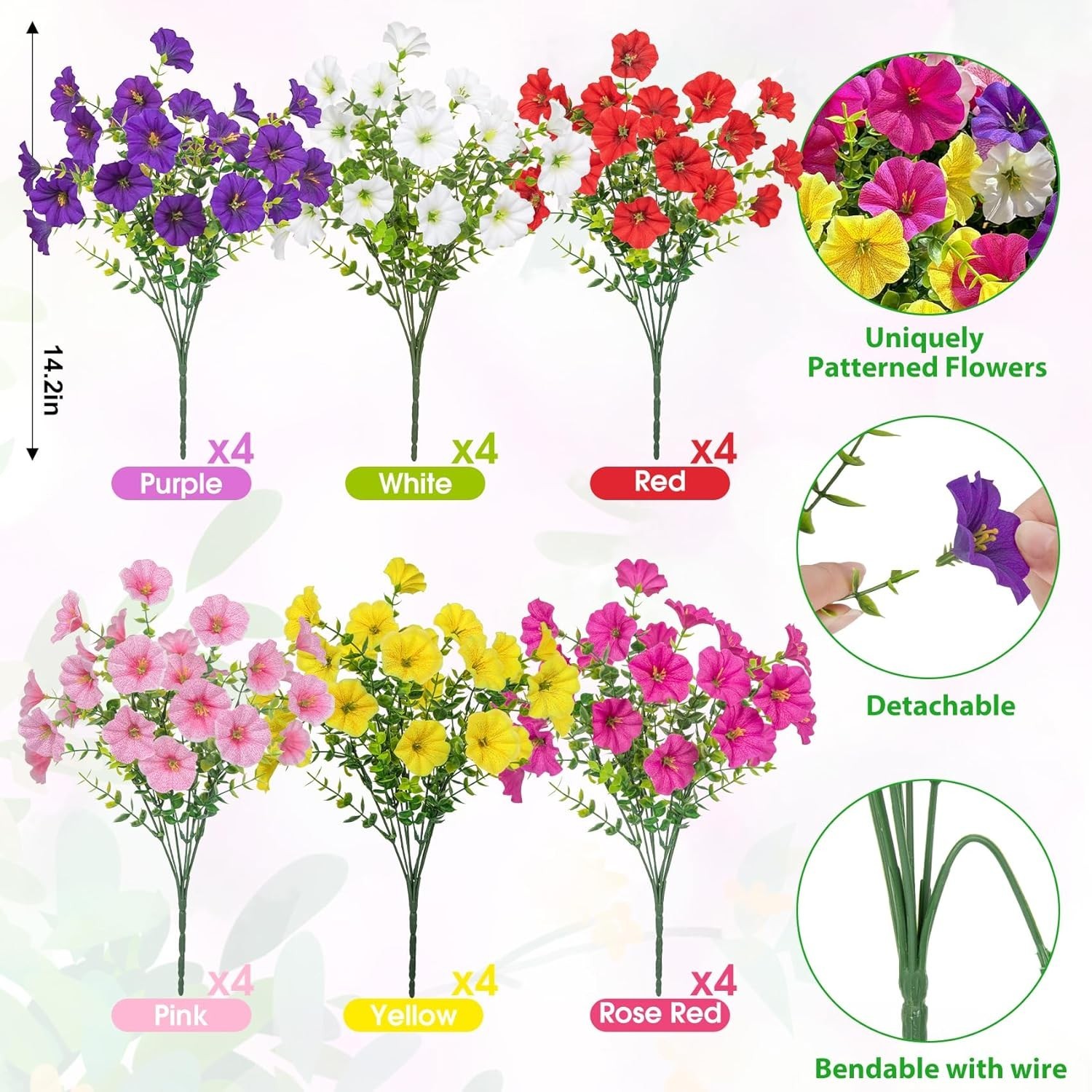 24 Bundles Artificial Flowers for Outdoors, Fake Petunias Flowers Silk Mornin…