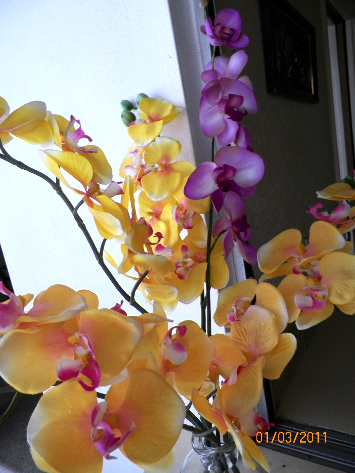 approx 27” VIBRANT FABRIC ORCHIDS IN GLASS VASE & FAUX H2O