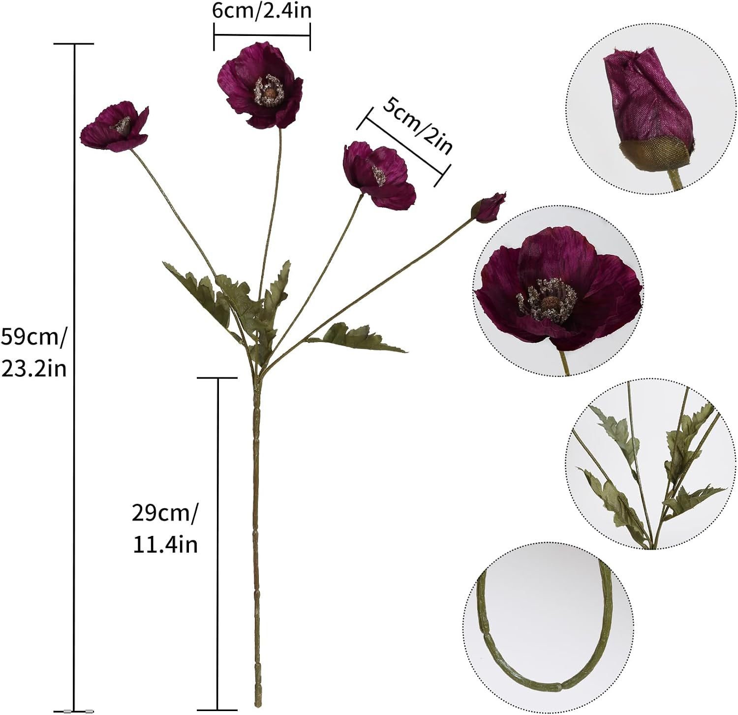 Burgundy Silk Flowers 6PCS Fake Poppies Artificial Flowers for Veterans Day Flor