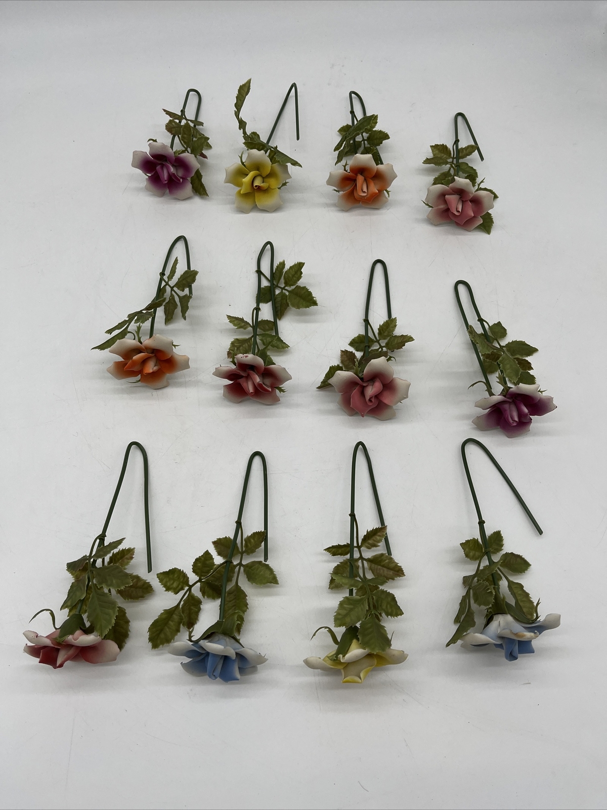 12 vintage stemmed porcelain flowers ceramic no chips