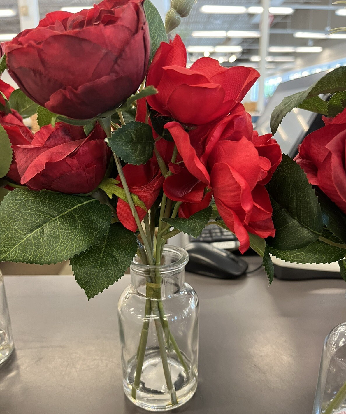 Pottery Barn faux flowers red roses composed glass vase New wo box