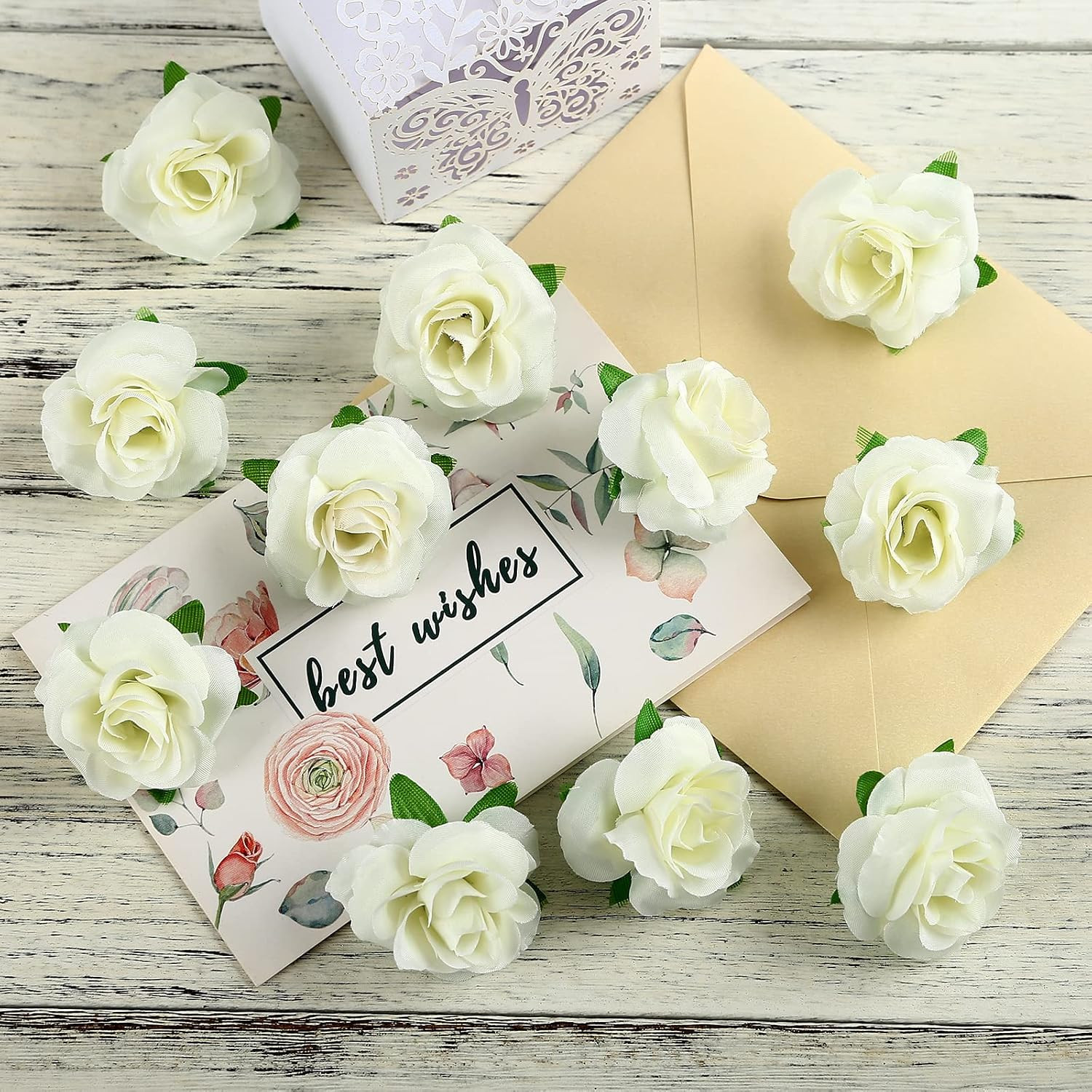 KESOTE 50pcs Mini Ivory White Roses Artificial Flowers Bulk, 1.6″ Small Silk …
