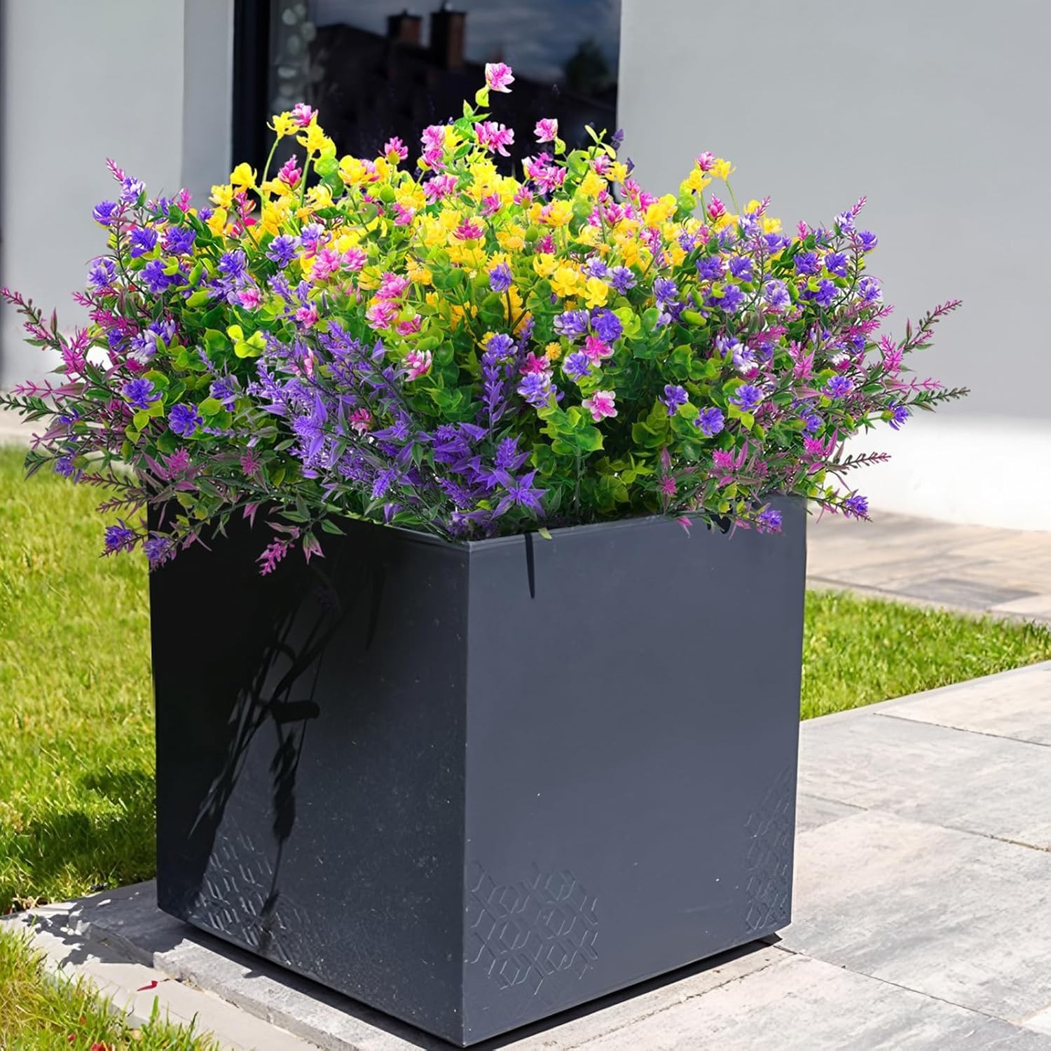 Colorful Artificial Flowers Set – 12 Pcs Outdoor Decor in Fuchsia, Yellow, Green
