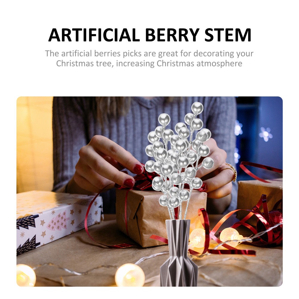 30Pcs Reusable Artificial Berry Stems Silver Color for Xmas DIY Use