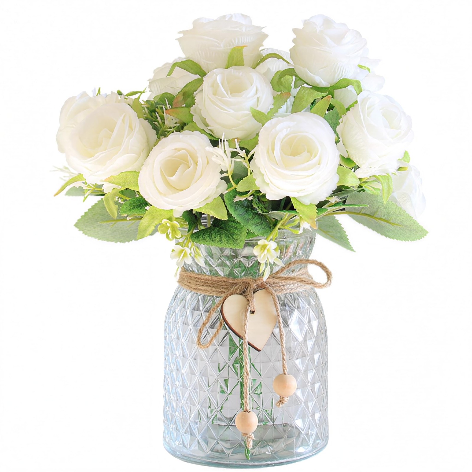 Faux Flowers in Vase, 18 Pcs Fake Rose Flowers, Artificial Flowers for Home D…