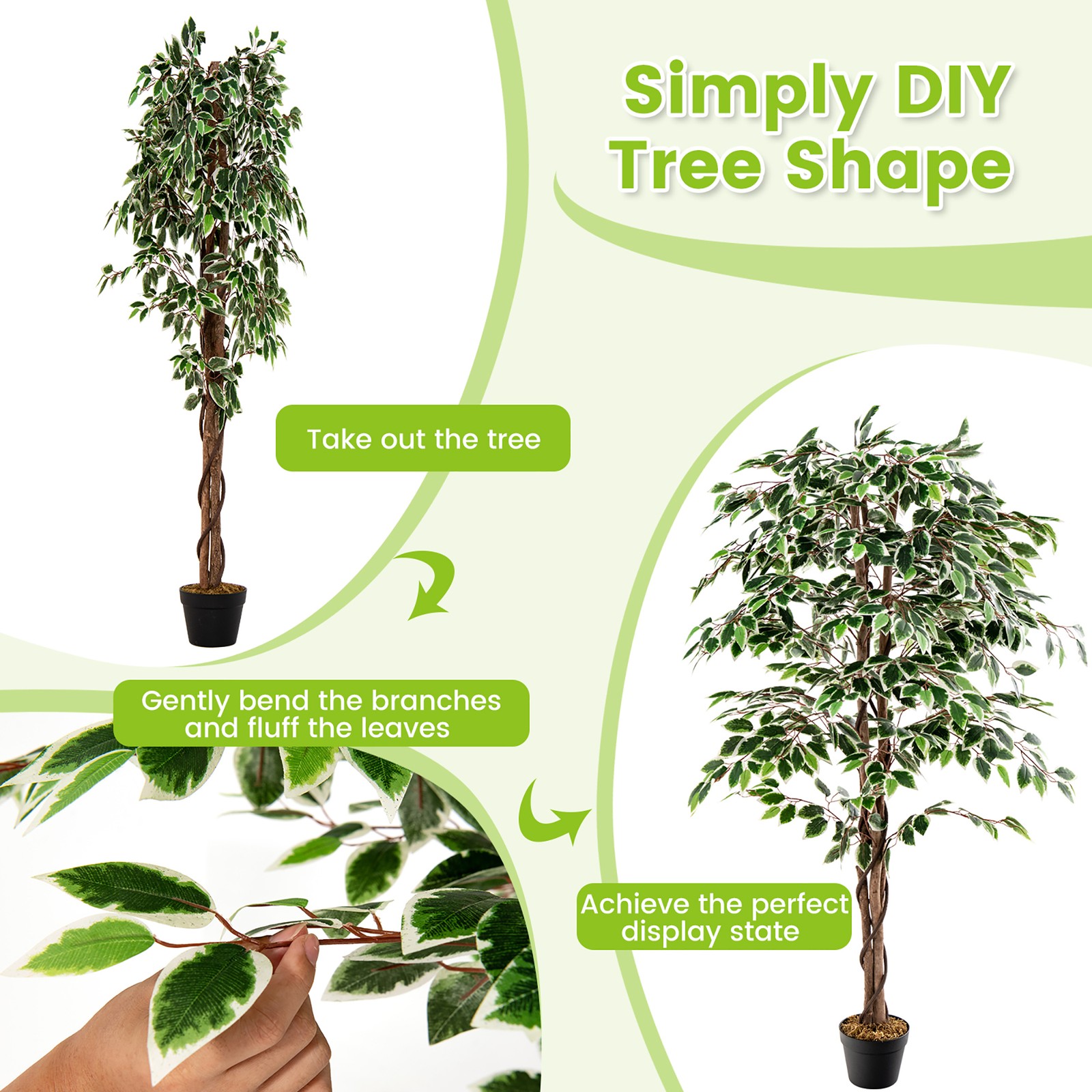 Artificial Ficus Tree Tall Faux Indoor Plant w/ 1008 Leaves Natural Wood Trunk