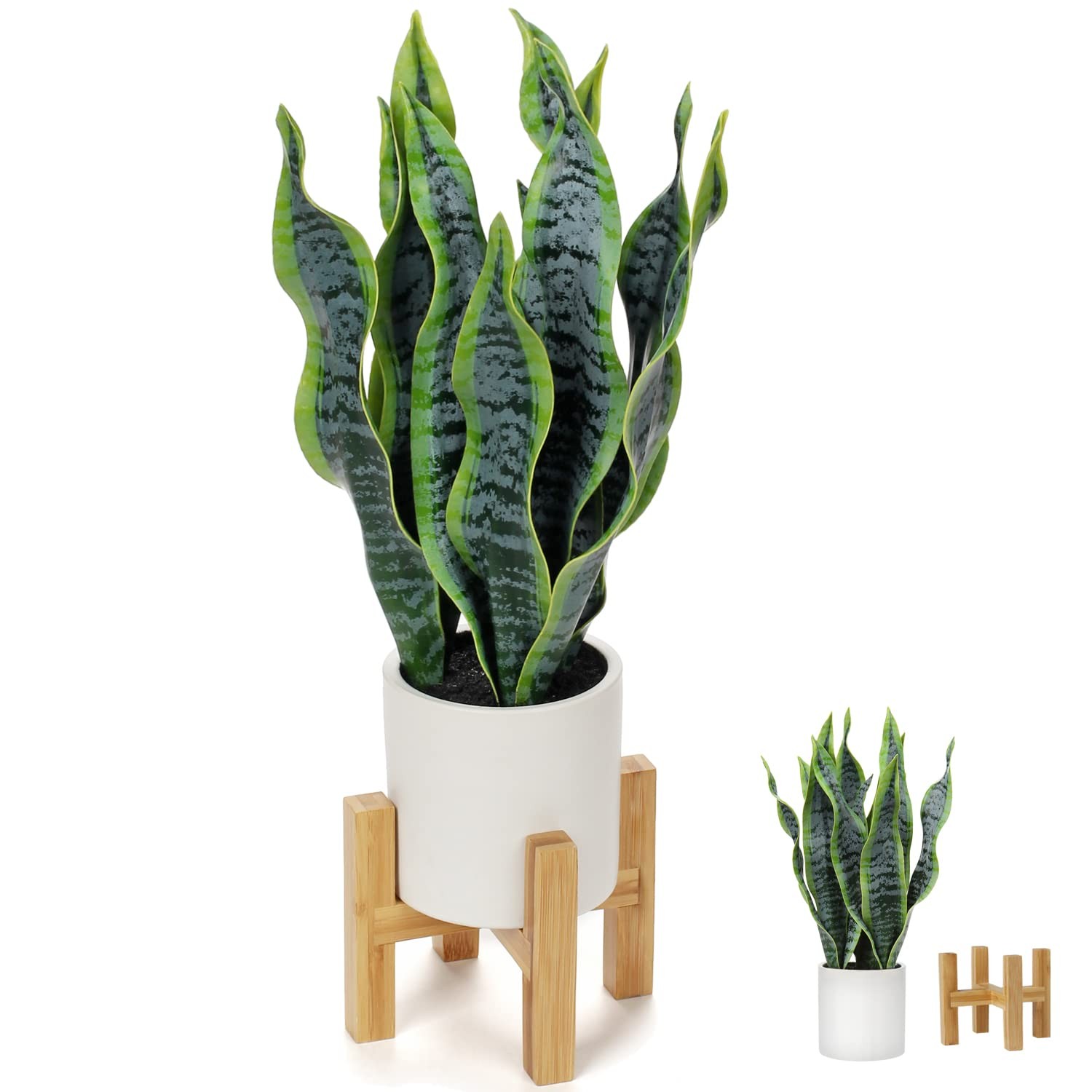 19″ Artificial Snake Plant in White Ceramic Pot with Solid Wood Stand Faux