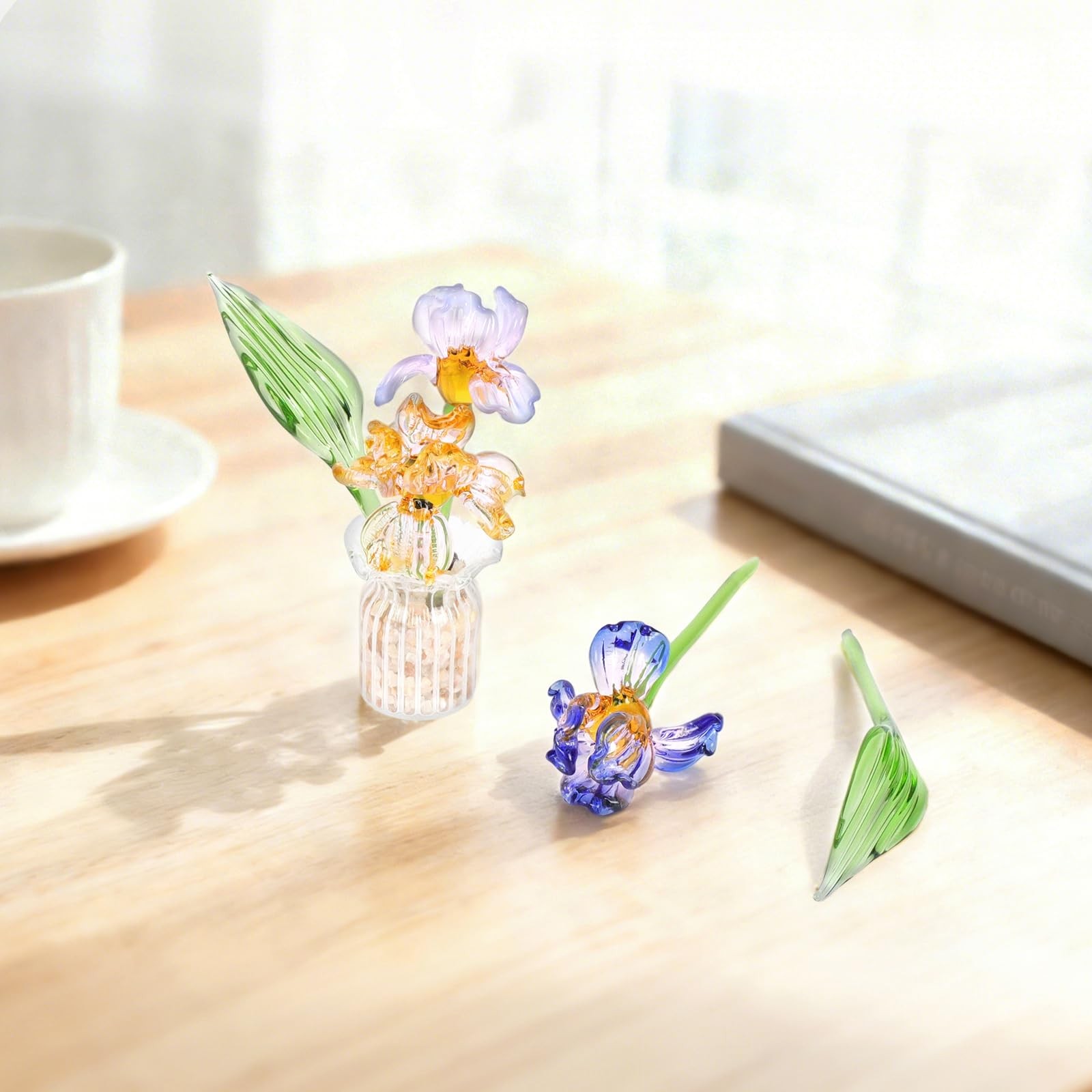 Mini Glass Flowers with Vase, Handmade Crystal Flowers Decor Iris Flower Arra…