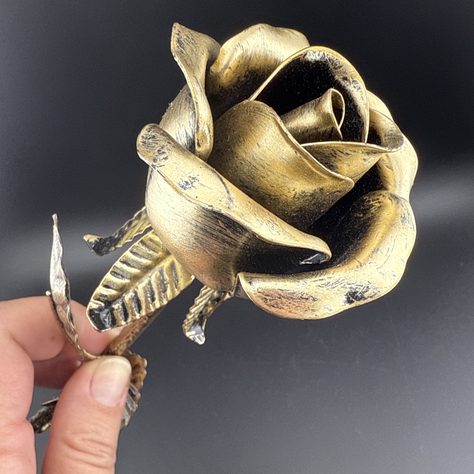 Metal Rose Iron Forever Flower Sculpture Antiqued Brass Finish