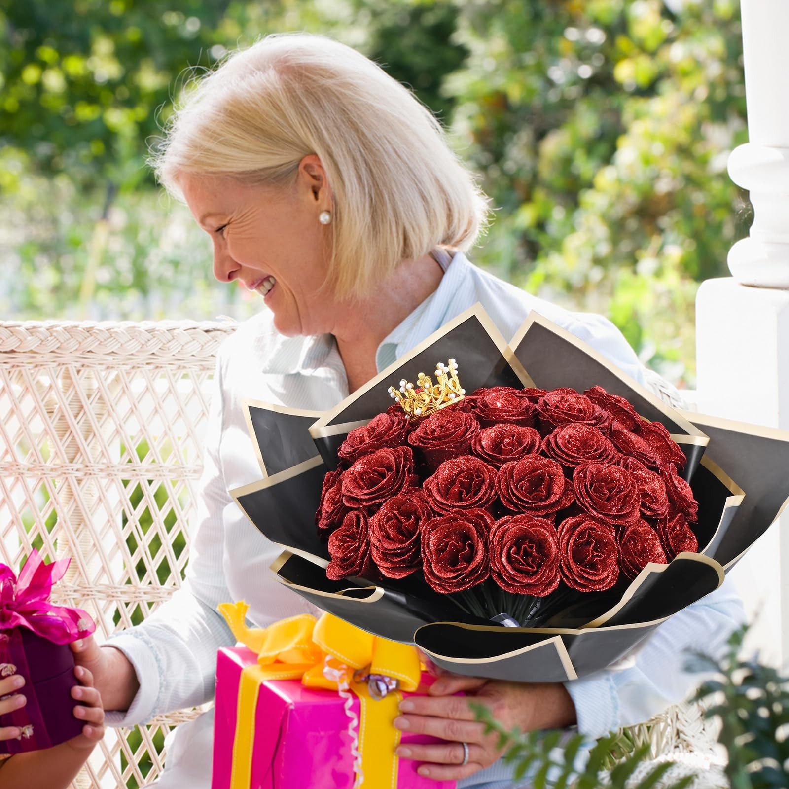 24-Rose Red Glitter Roses Bouquet DIY Fake Glitter Flowers Everlasting