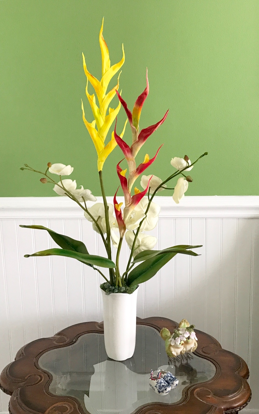 Silk White Orchids with Yellow and Red Dragon Floral Arrangement