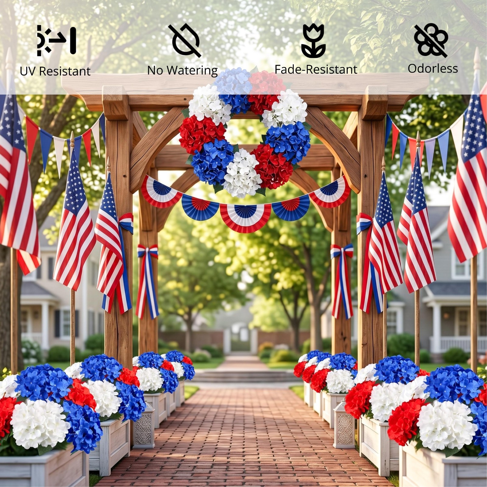 6 Bundles Patriotic Artificial Hydrangea Flowers – Red White Blue Decor for Memo