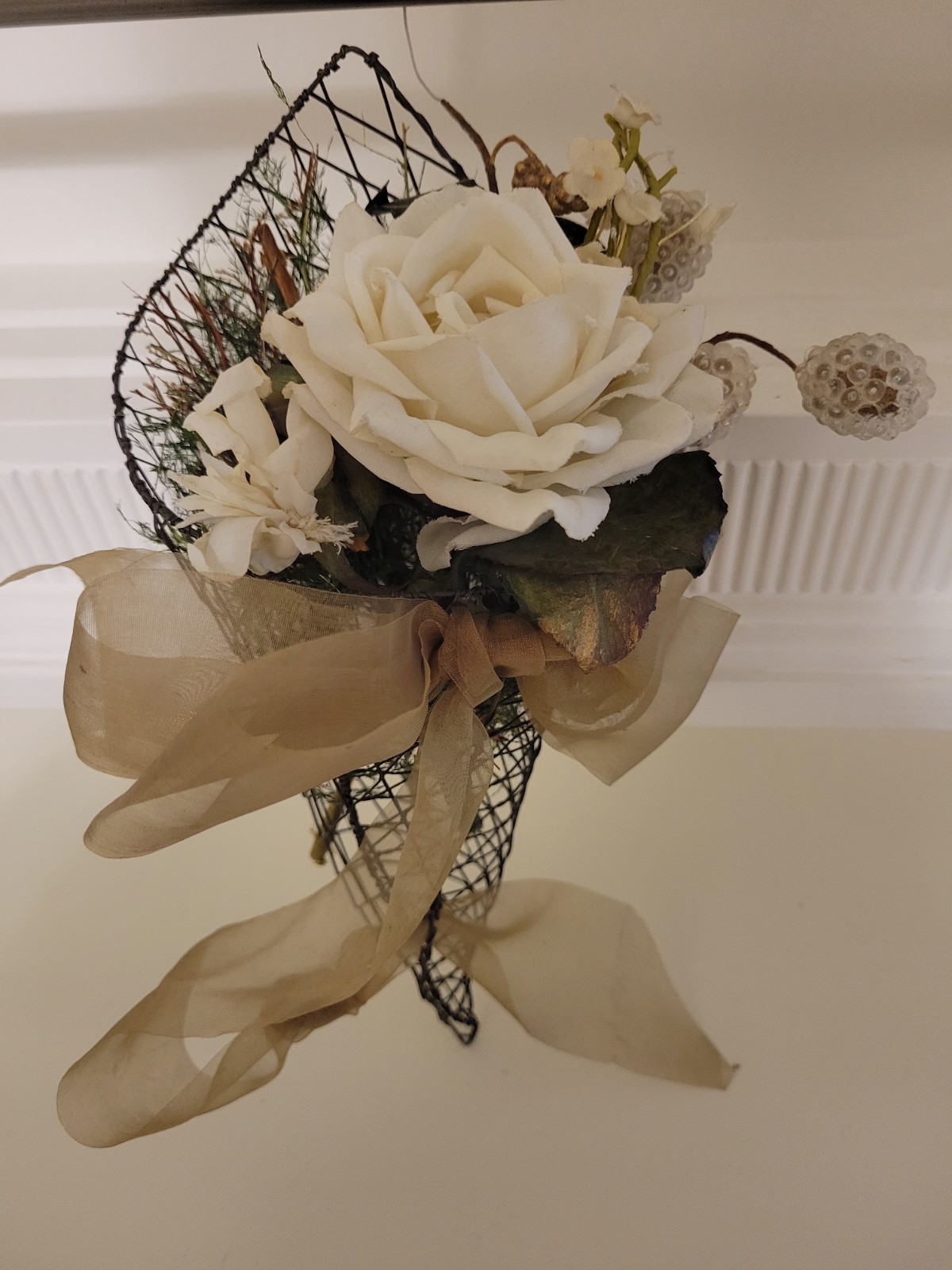 Artificial Ivory Rose Wall Decor Arrangement, Black Mesh, Beige Ribbon, Green