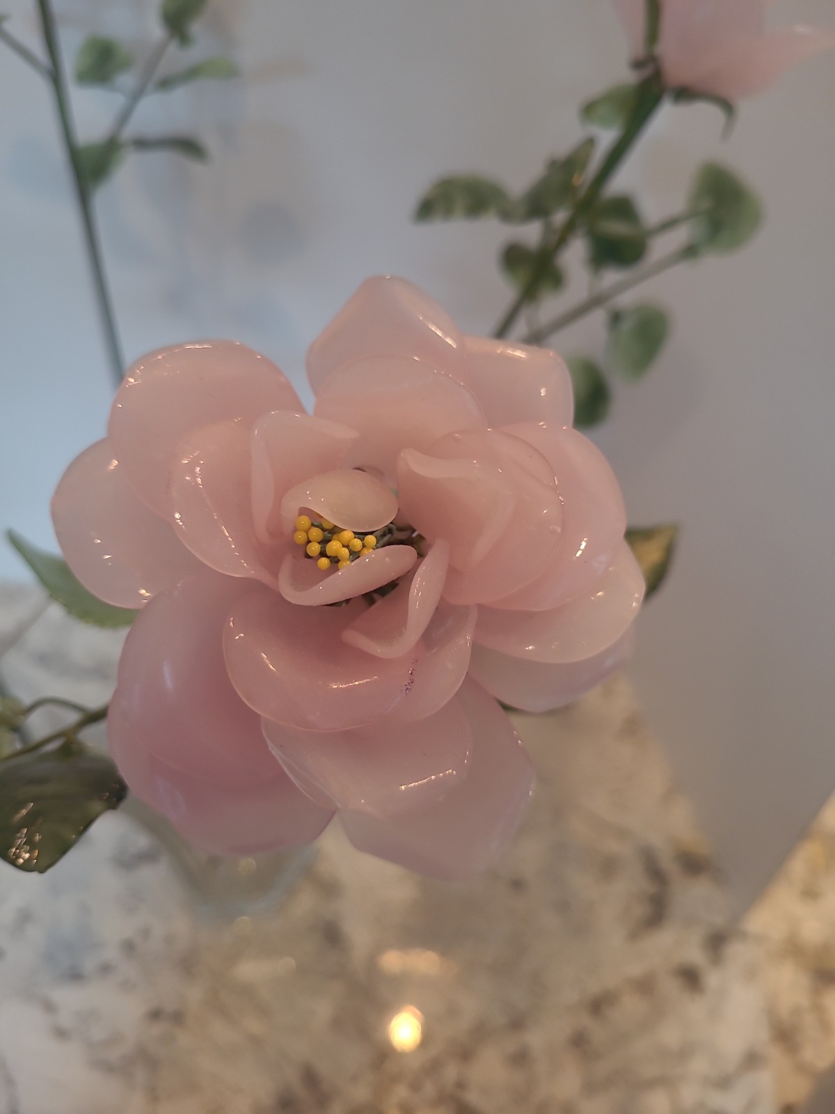 4-Vintage Porcelain Flowers With Plastic Stems Pink 25″ Long Stem