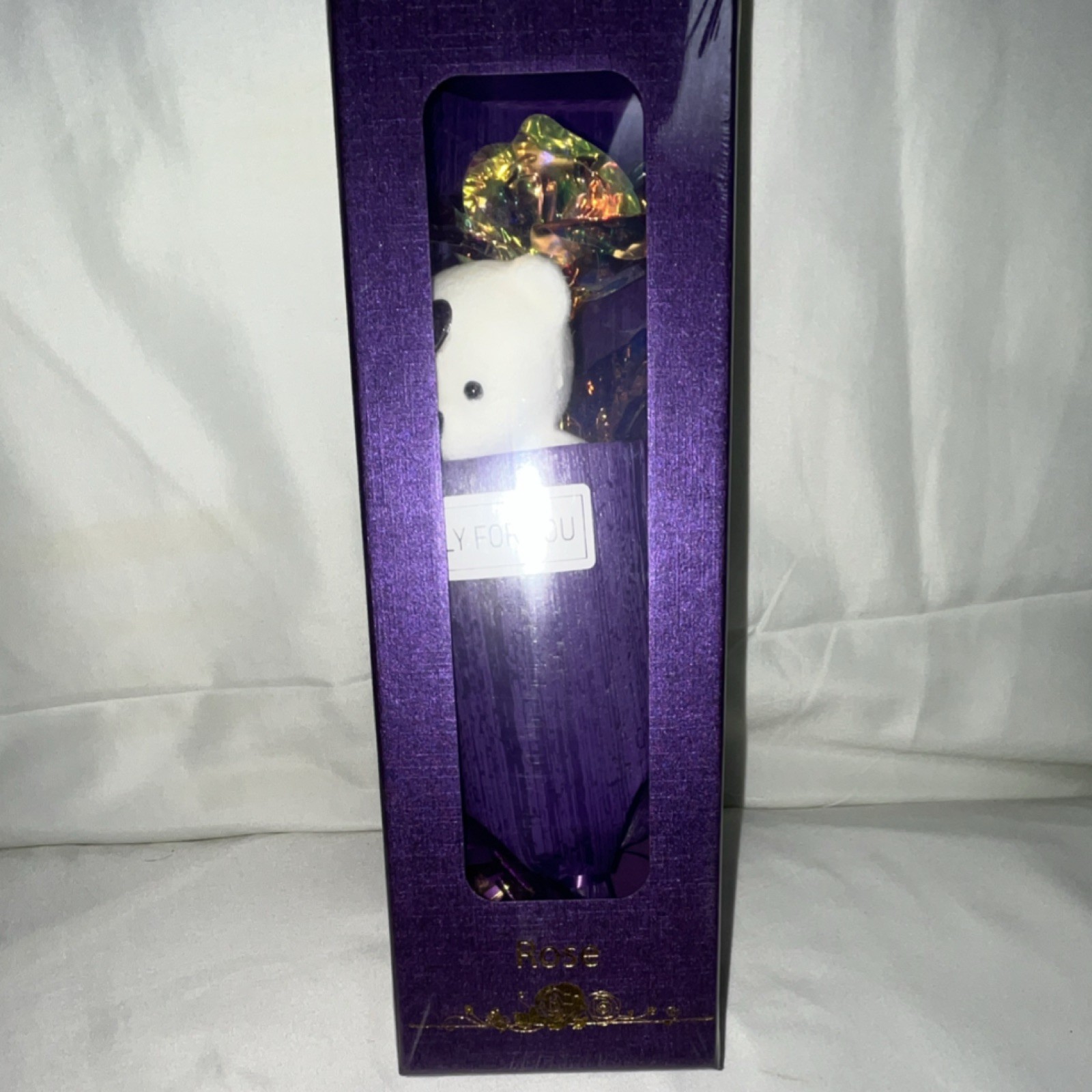 Purple Rose Artificial Flower Bouquet with Bear Gift Arrangement in Box