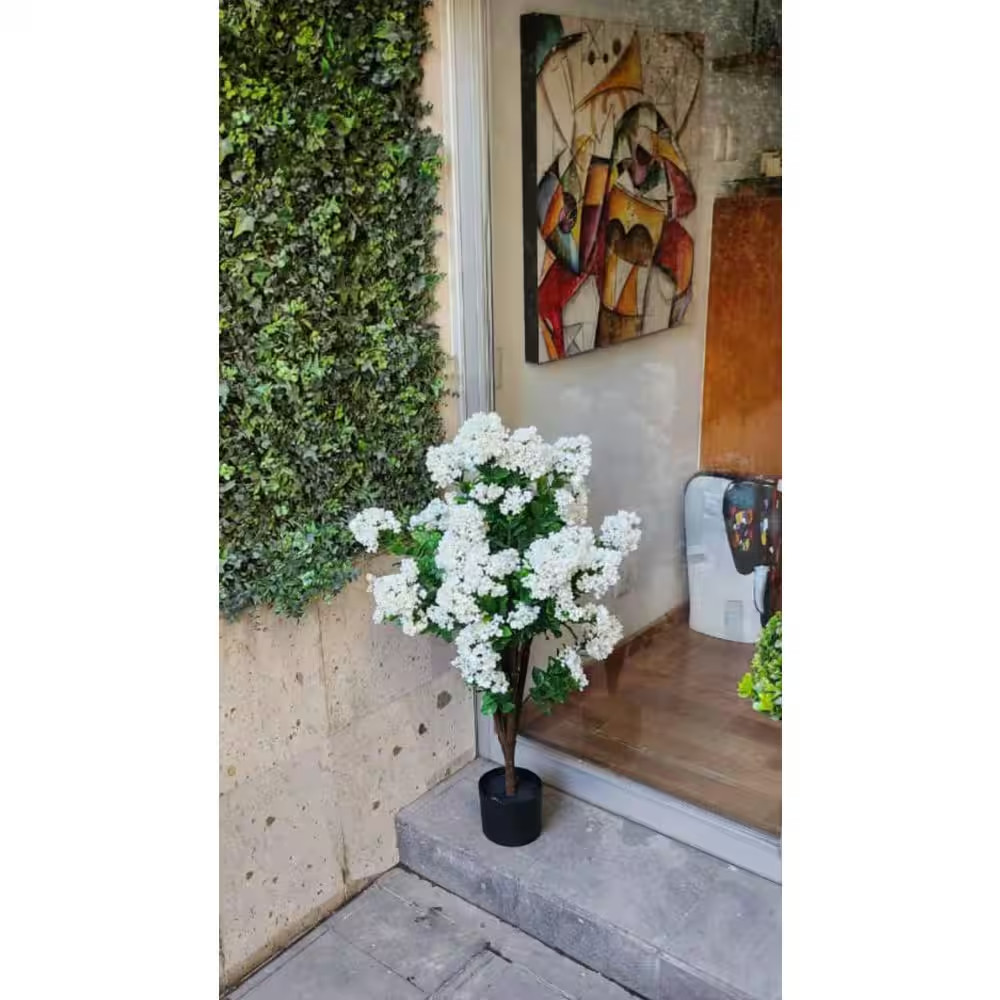 47 In. UV Resistant Green Artificial Lilac White Plant Tree in Black Pot